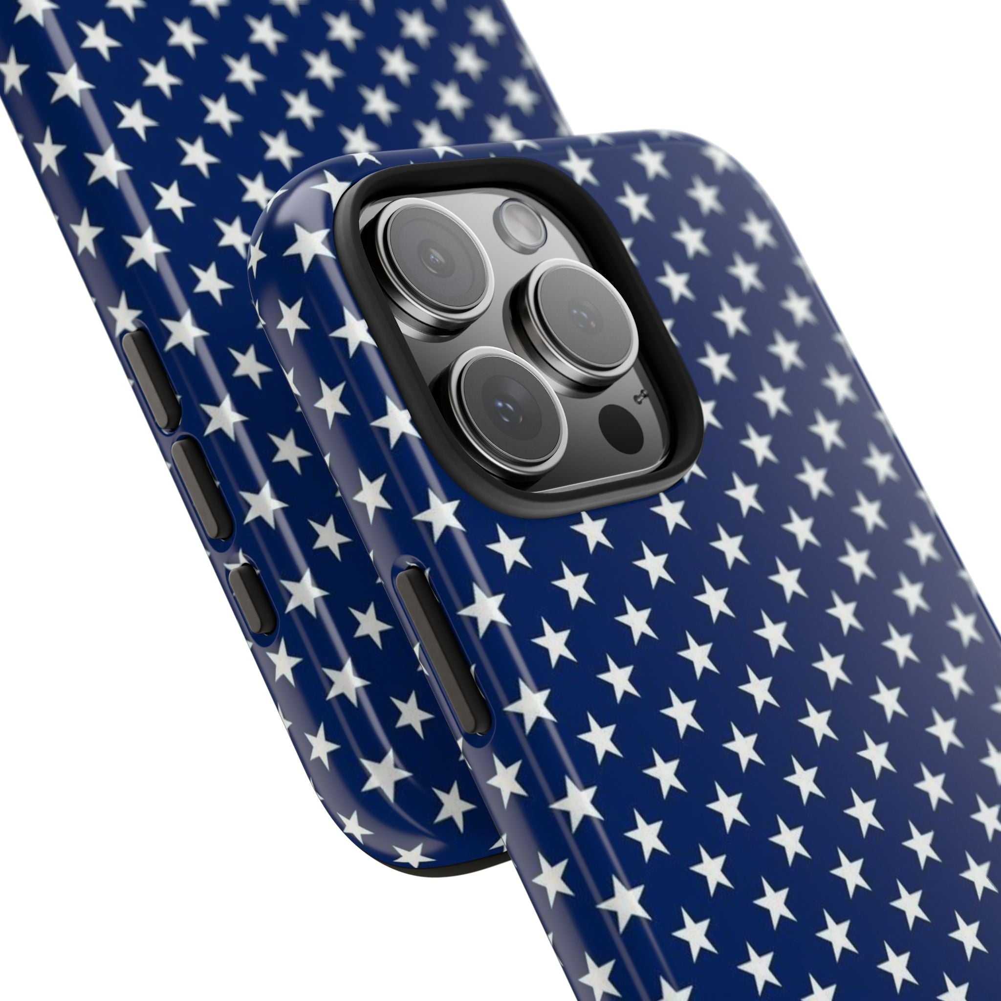 Blue stars phone case angled view, raised camera lenses and side button cutouts