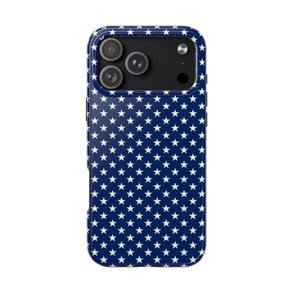 Blue phone case with repeating white stars pattern and camera/flash cutouts