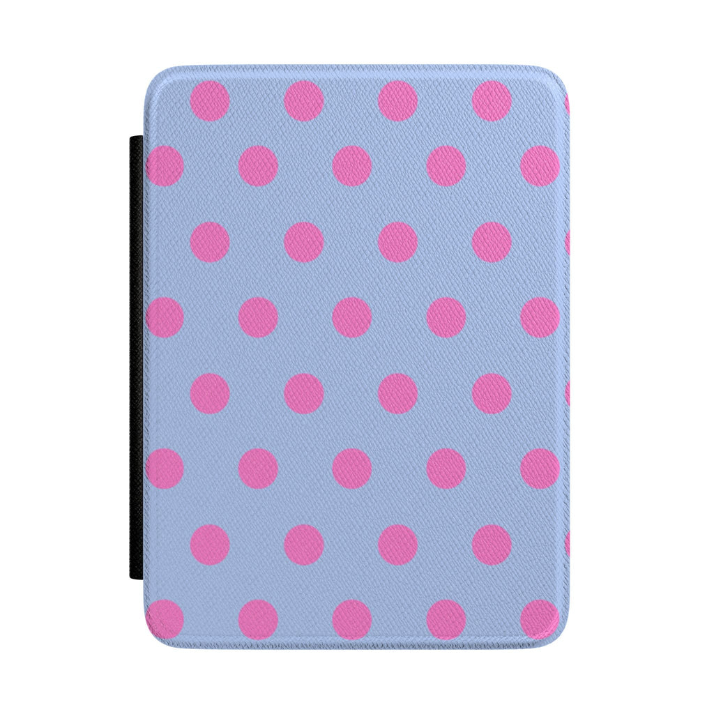 Blue hardcover Kindle case with pink polka dots and side strap