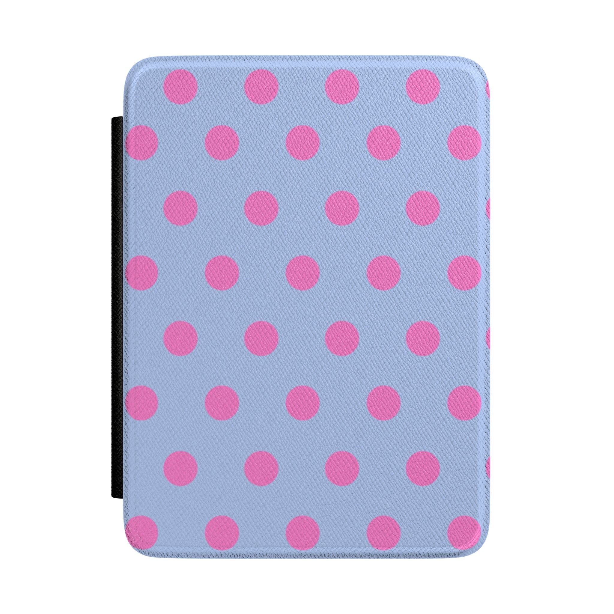 Blue hardcover Kindle case with pink polka dots and side strap