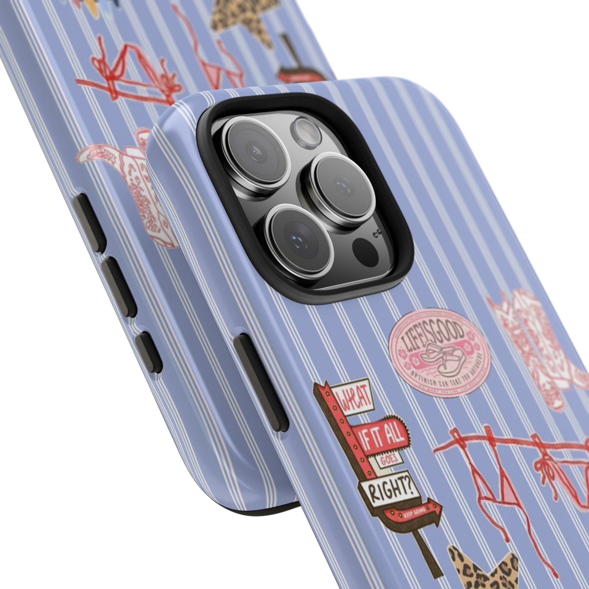 Light blue striped phone case, angled view, patch graphics near lenses and side buttons