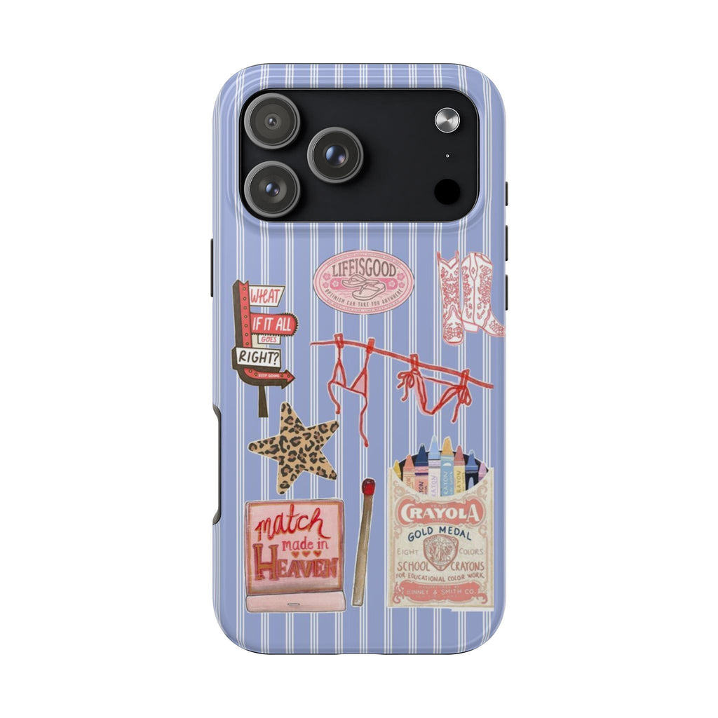 Light blue striped phone case with colorful patch-style graphics and camera cutouts