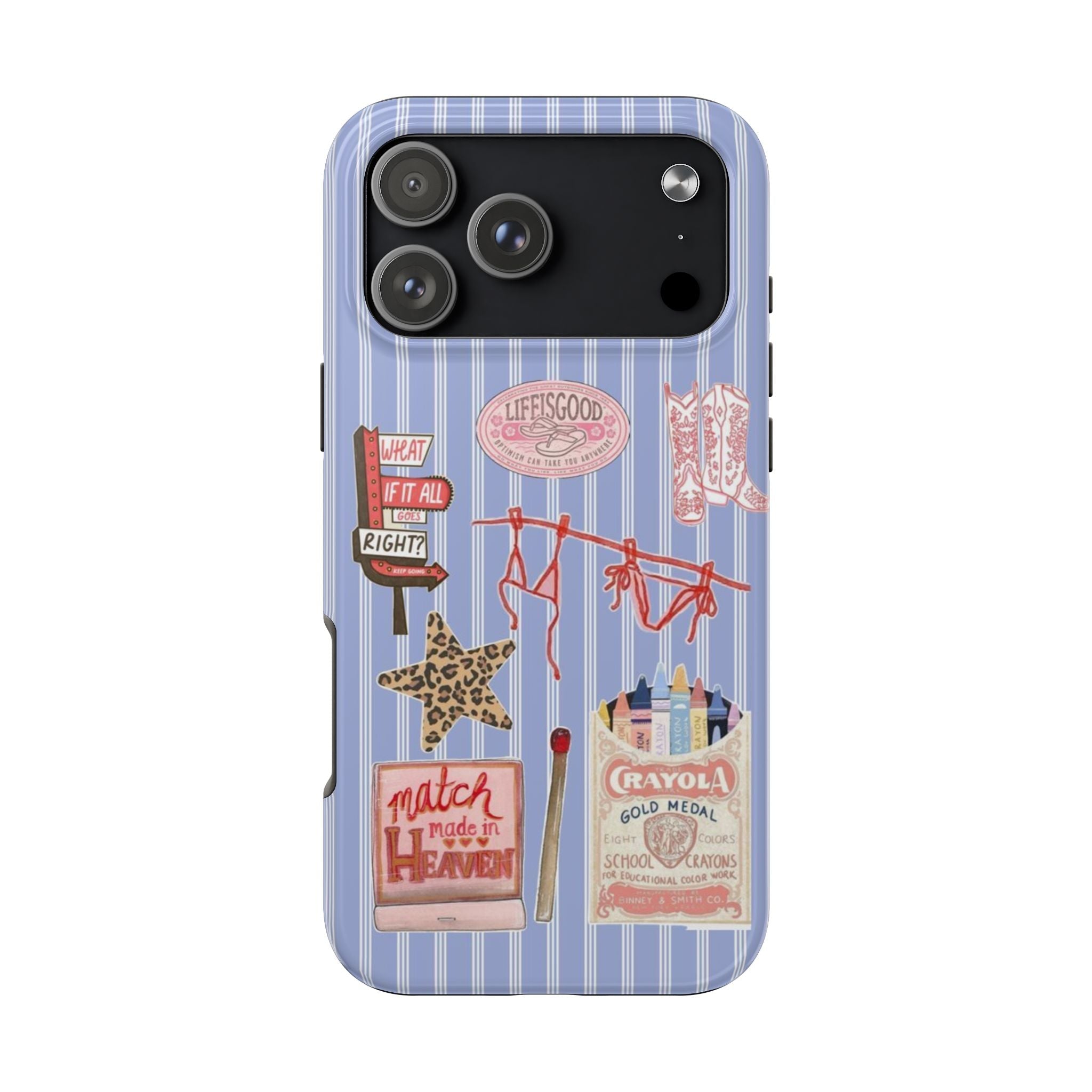 Light blue striped phone case with colorful patch-style graphics and camera cutouts