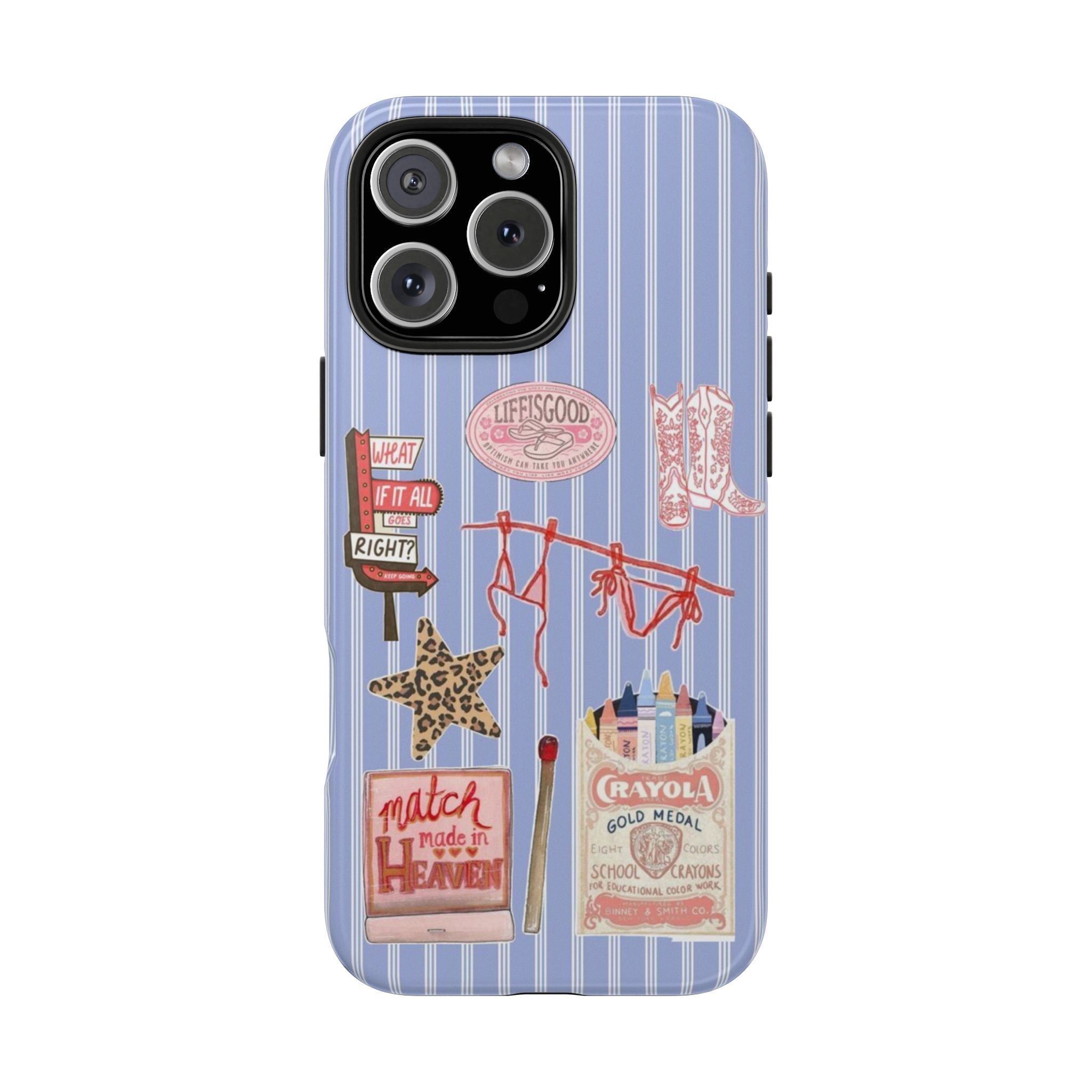 Light blue pinstripe phone case with crayon and sticker graphics, raised camera bezel