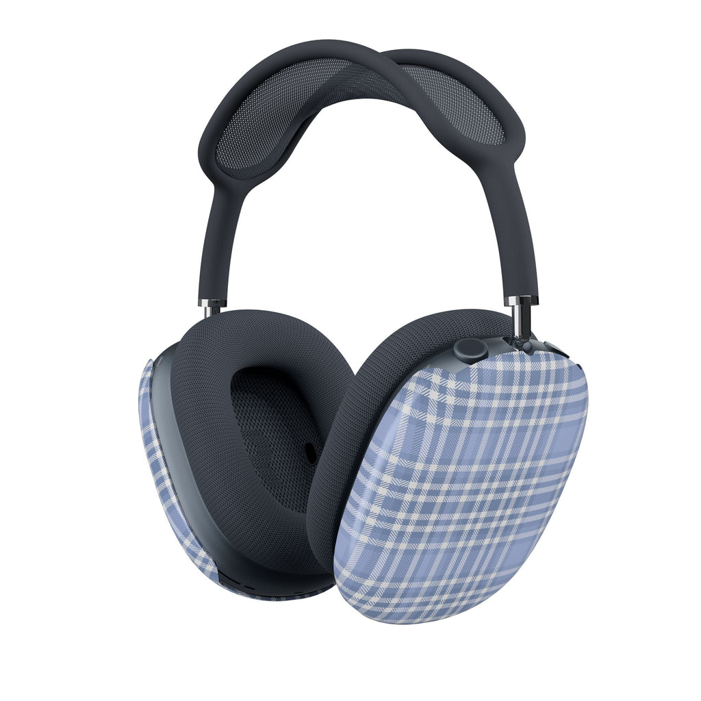 Blue plaid gingham ear cup covers for AirPods Max, on dark cushions, pair