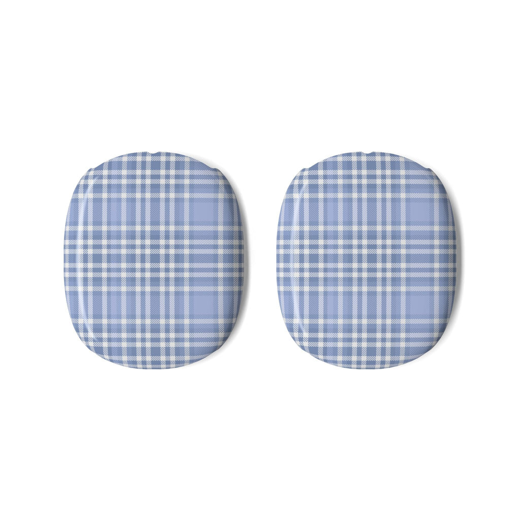 Set of two blue plaid gingham ear cup covers for AirPods Max, rounded