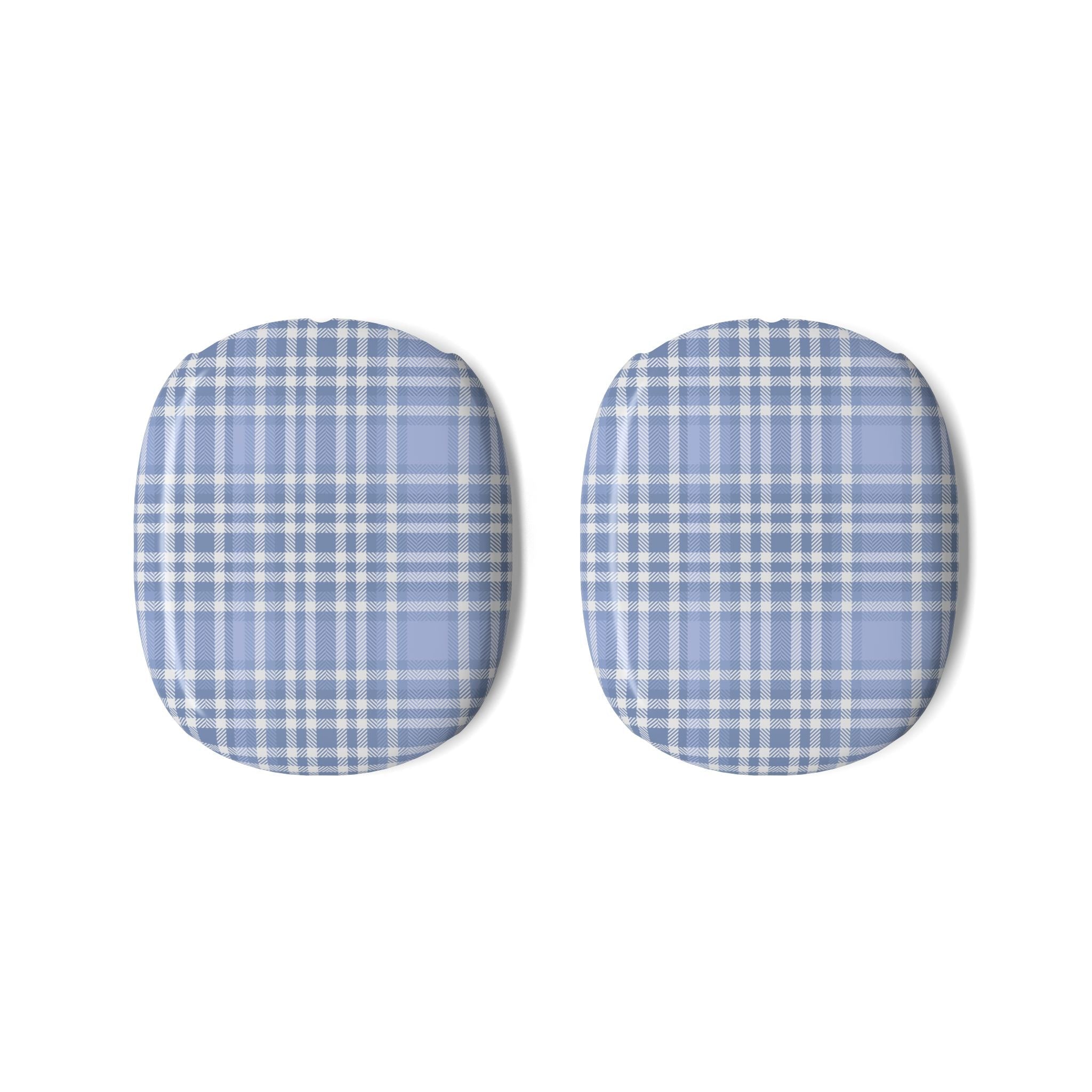 Set of two blue plaid gingham ear cup covers for AirPods Max, rounded