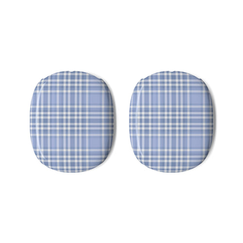 Set of two blue plaid gingham ear cup covers for AirPods Max, rounded