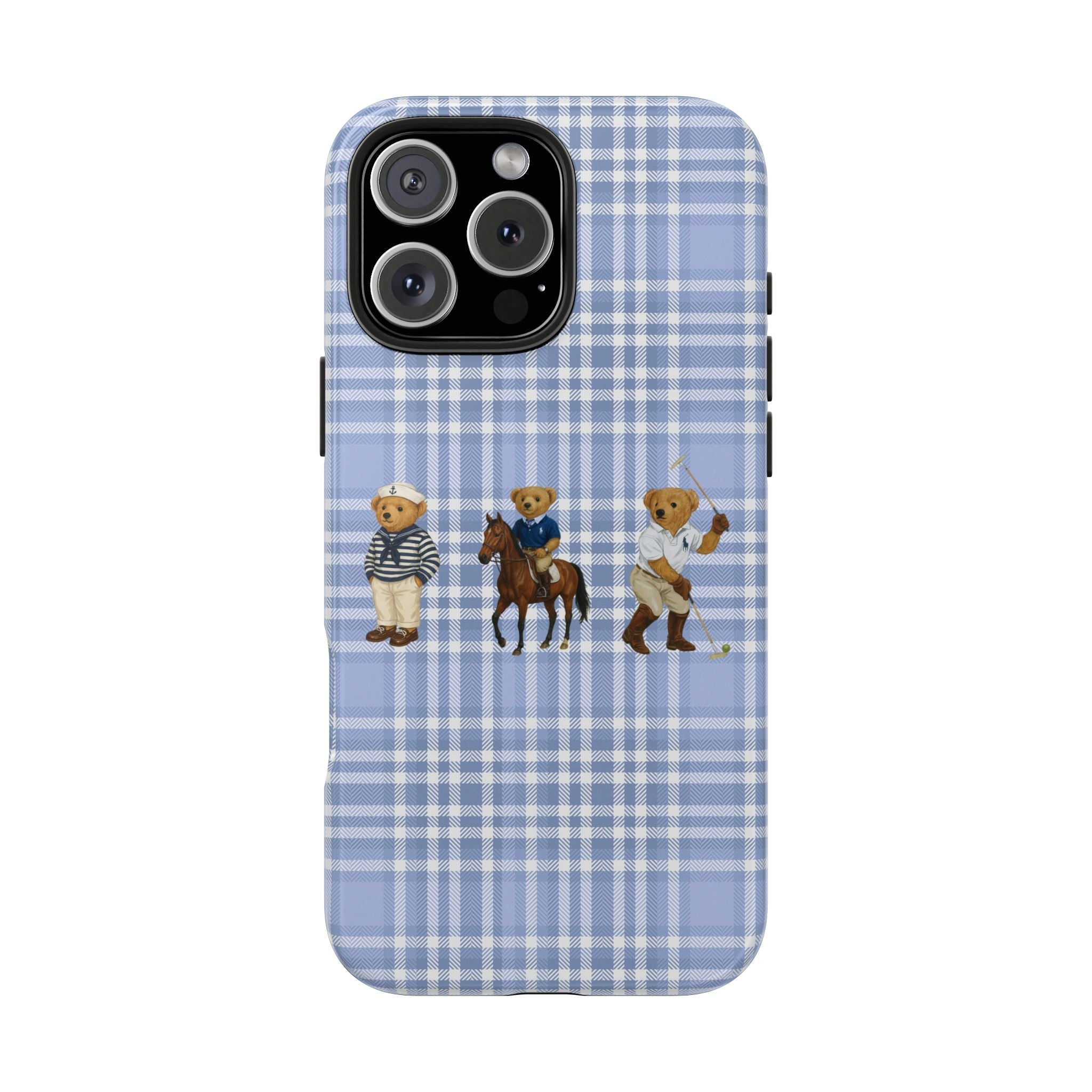 Light blue plaid phone case with three teddy bear designs under the camera area