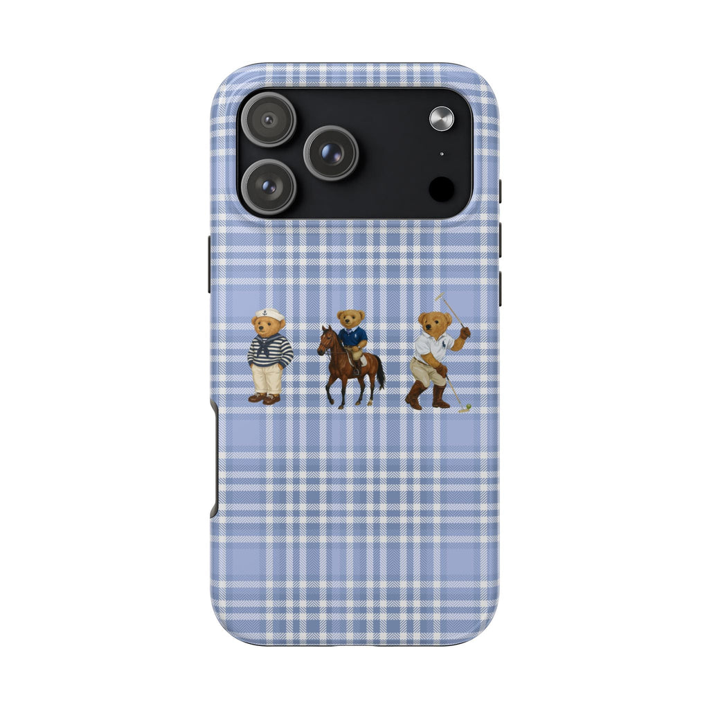 Blue plaid phone case with teddy bear figures and cutouts for camera and flash