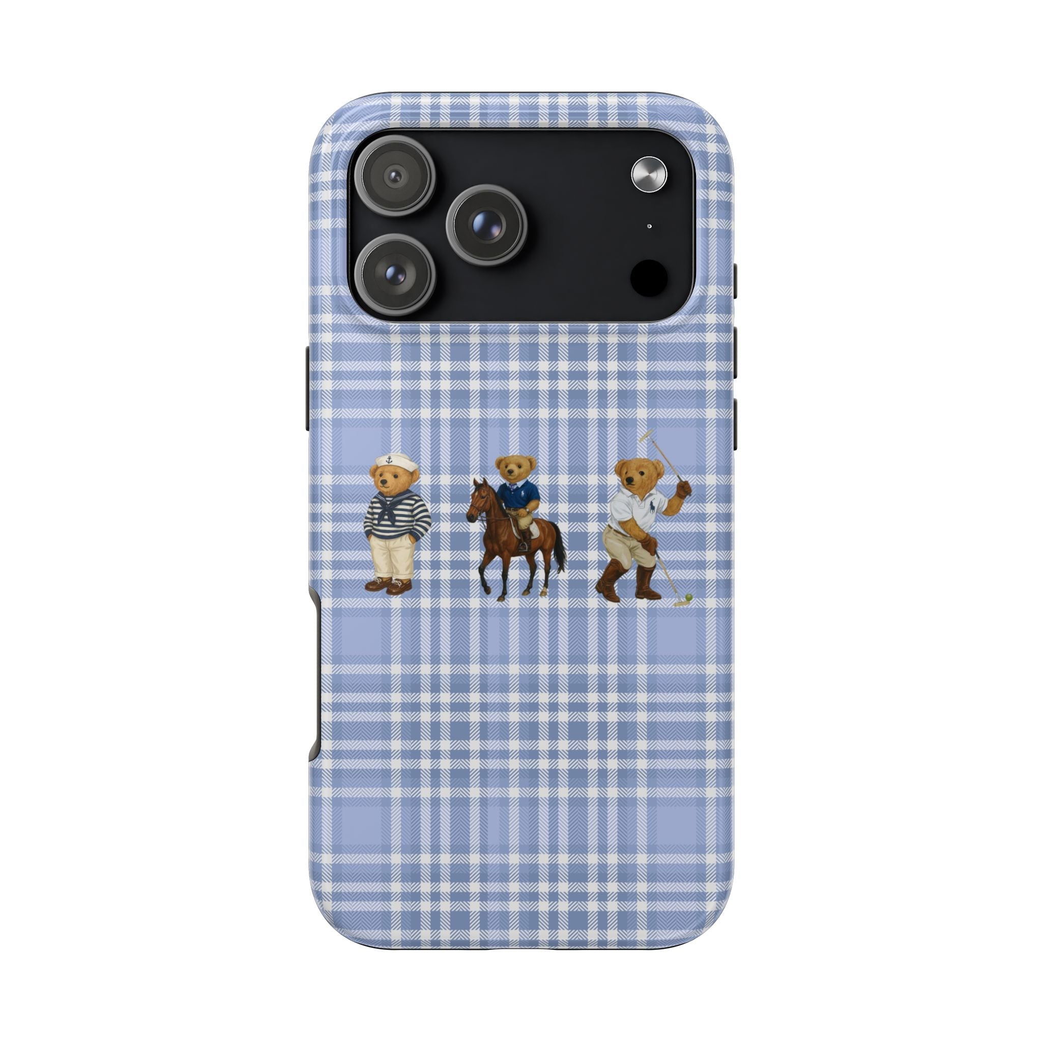 Blue plaid phone case with teddy bear figures and cutouts for camera and flash