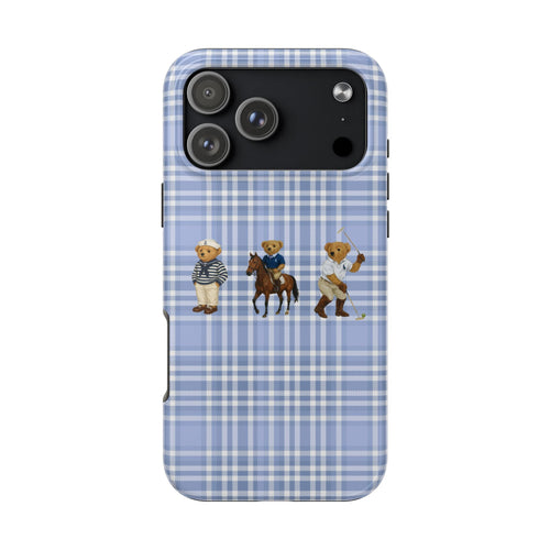Blue plaid phone case with teddy bear figures and cutouts for camera and flash