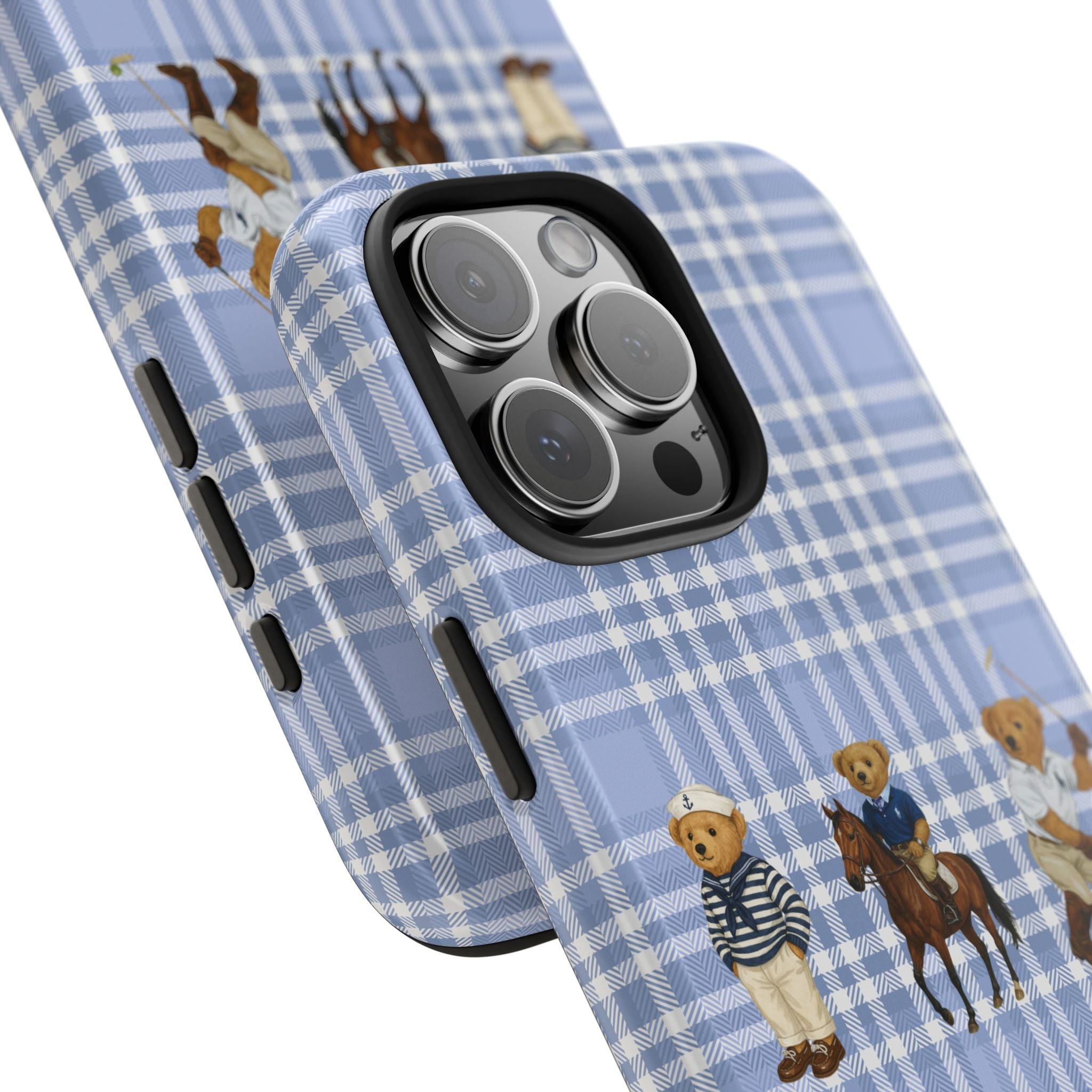 Blue plaid phone case with teddy bear artwork, camera lens cutout and side button openings