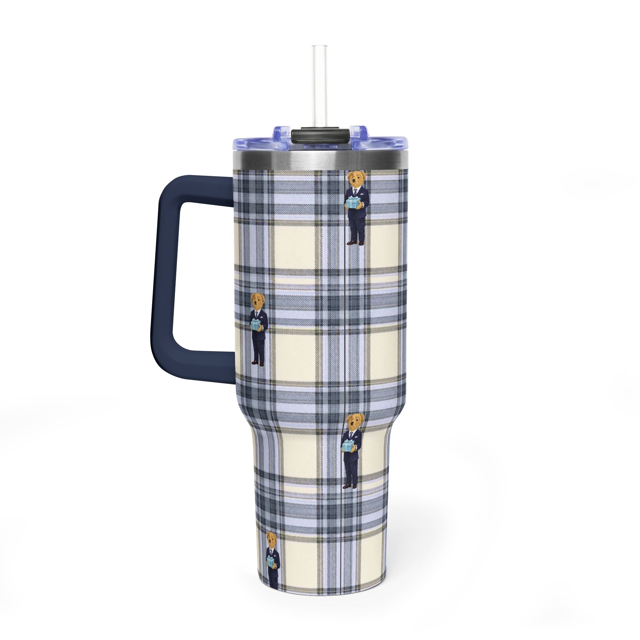 Blue plaid stainless tumbler with navy handle and clear straw; repeating teddy bear figures
