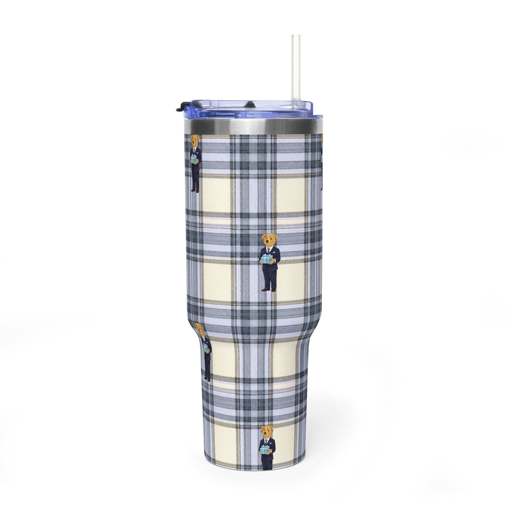 Blue plaid tumbler with clear straw and vertical teddy bear uniform pattern on body