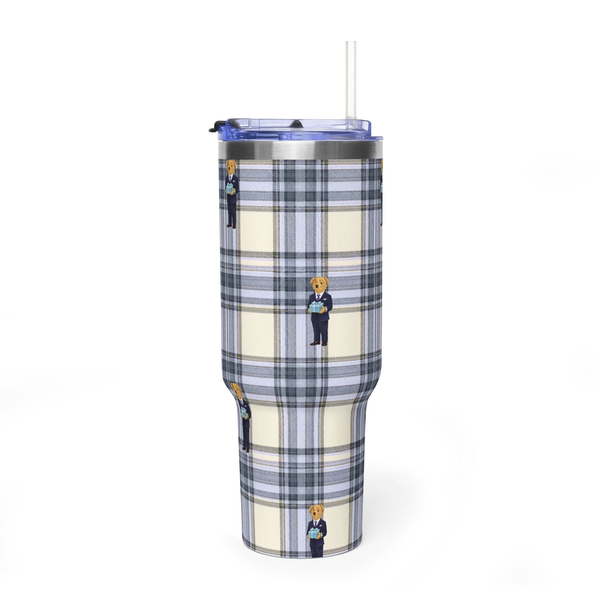 Blue plaid tumbler with clear straw and vertical teddy bear uniform pattern on body