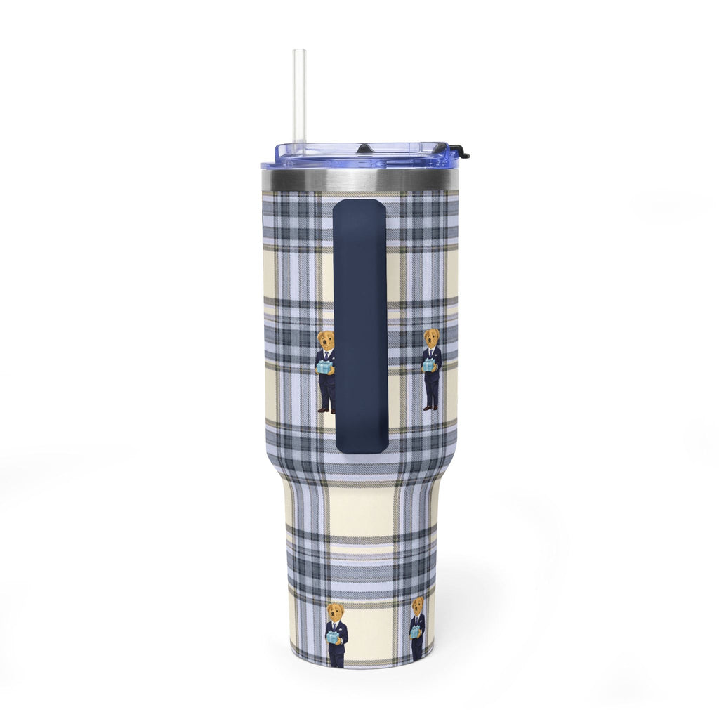 Blue plaid tumbler with clear lid, dark carry handle, and repeating teddy bear prints