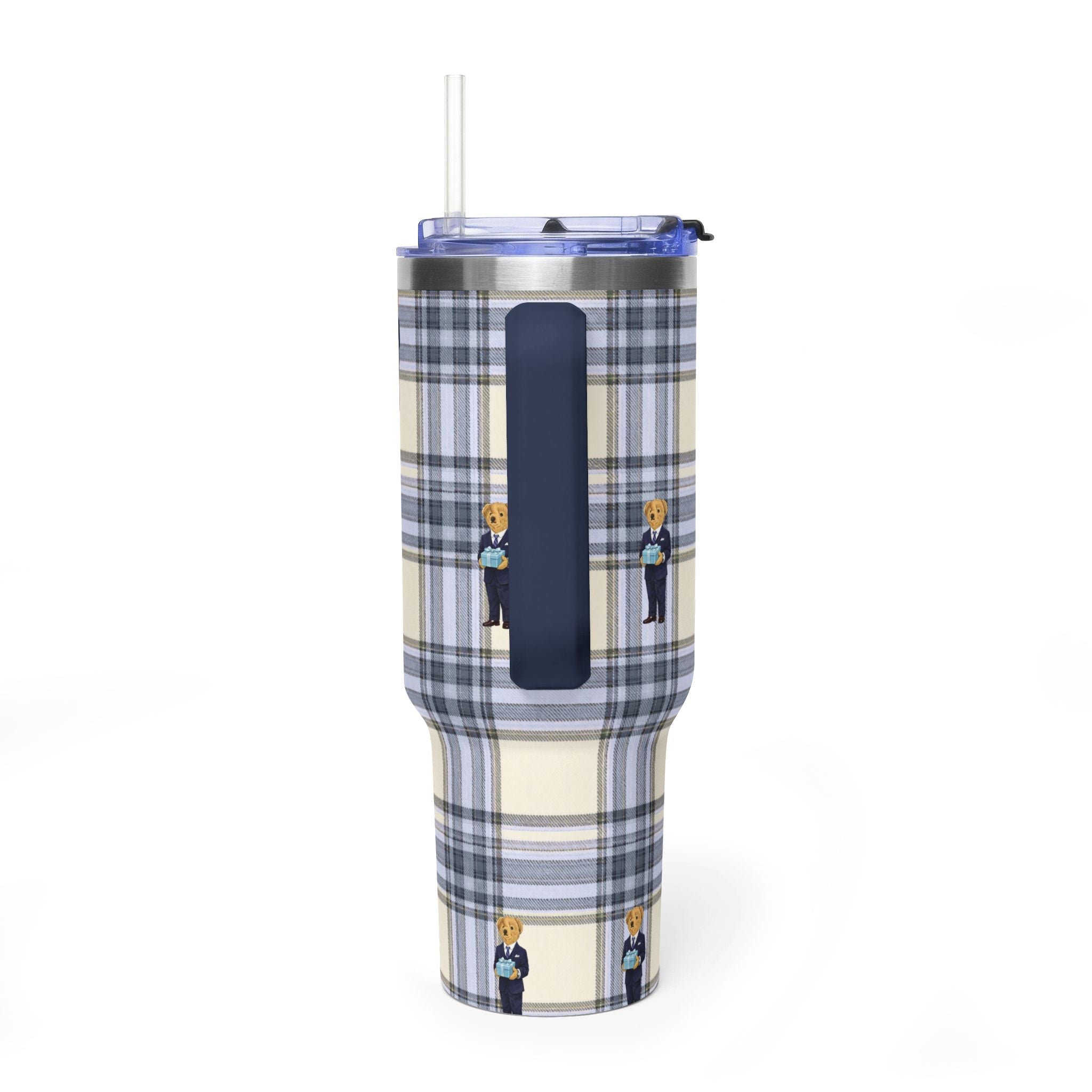 Blue plaid tumbler with clear lid, dark carry handle, and repeating teddy bear prints