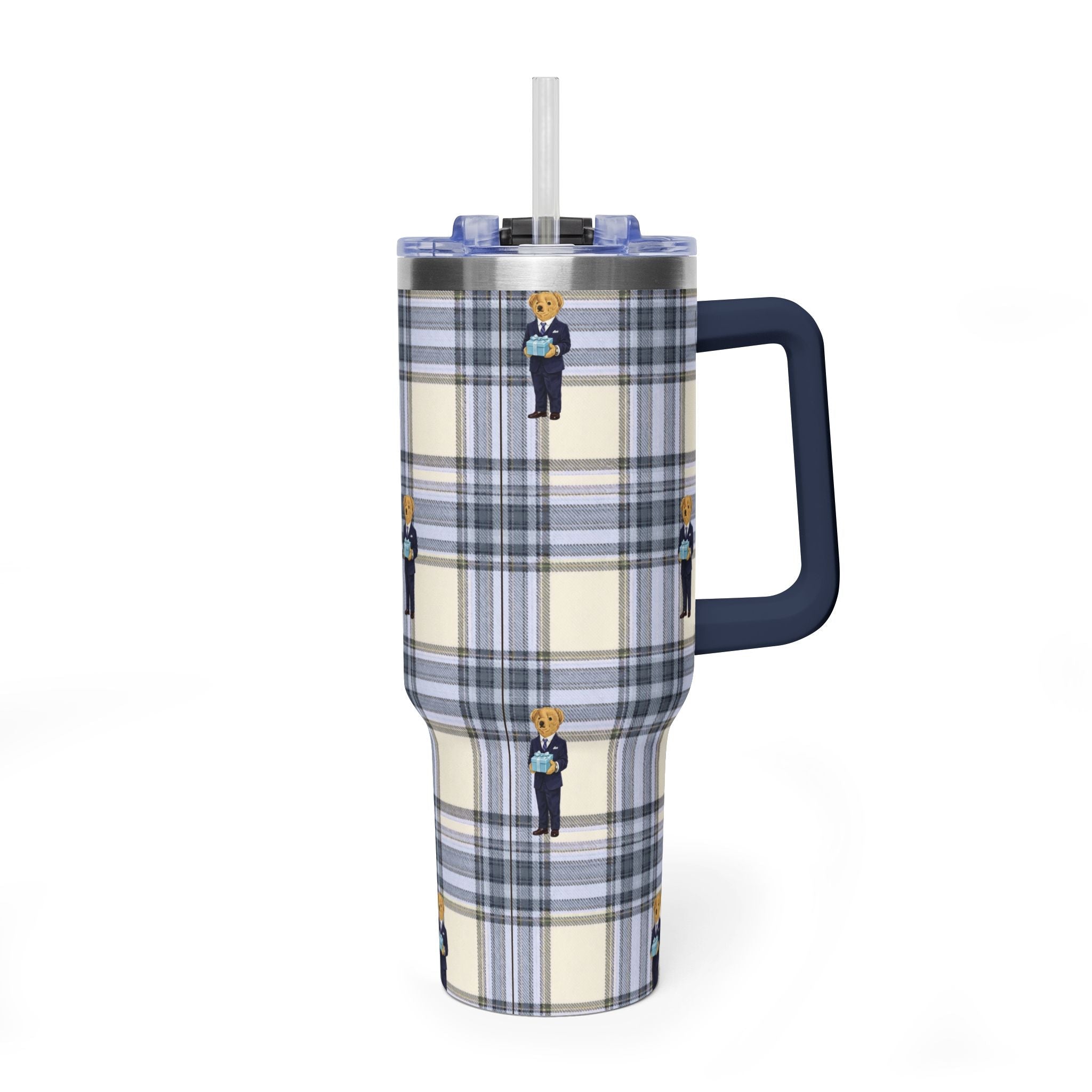 Blue plaid tumbler with navy handle, clear straw, and teddy bear uniform print