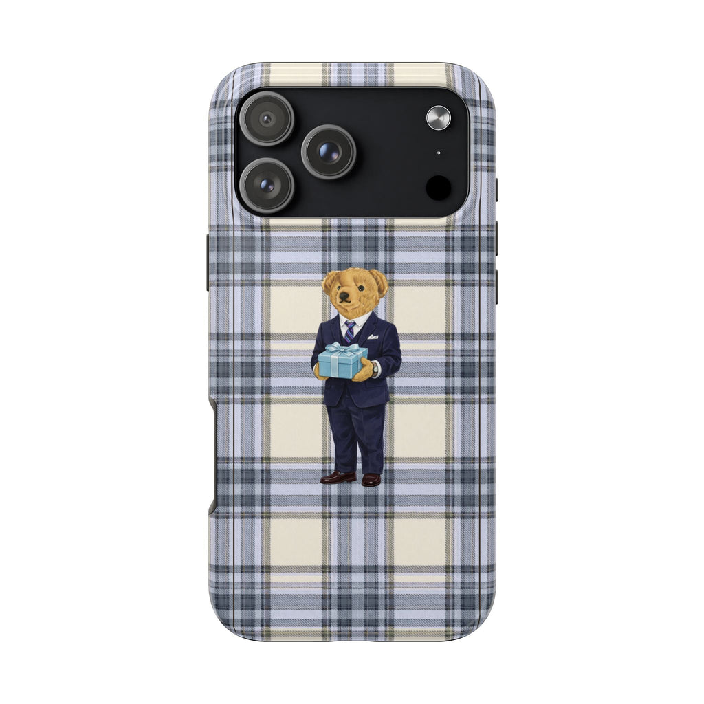 Blue plaid phone case with teddy bear in suit holding a gift, camera cutouts