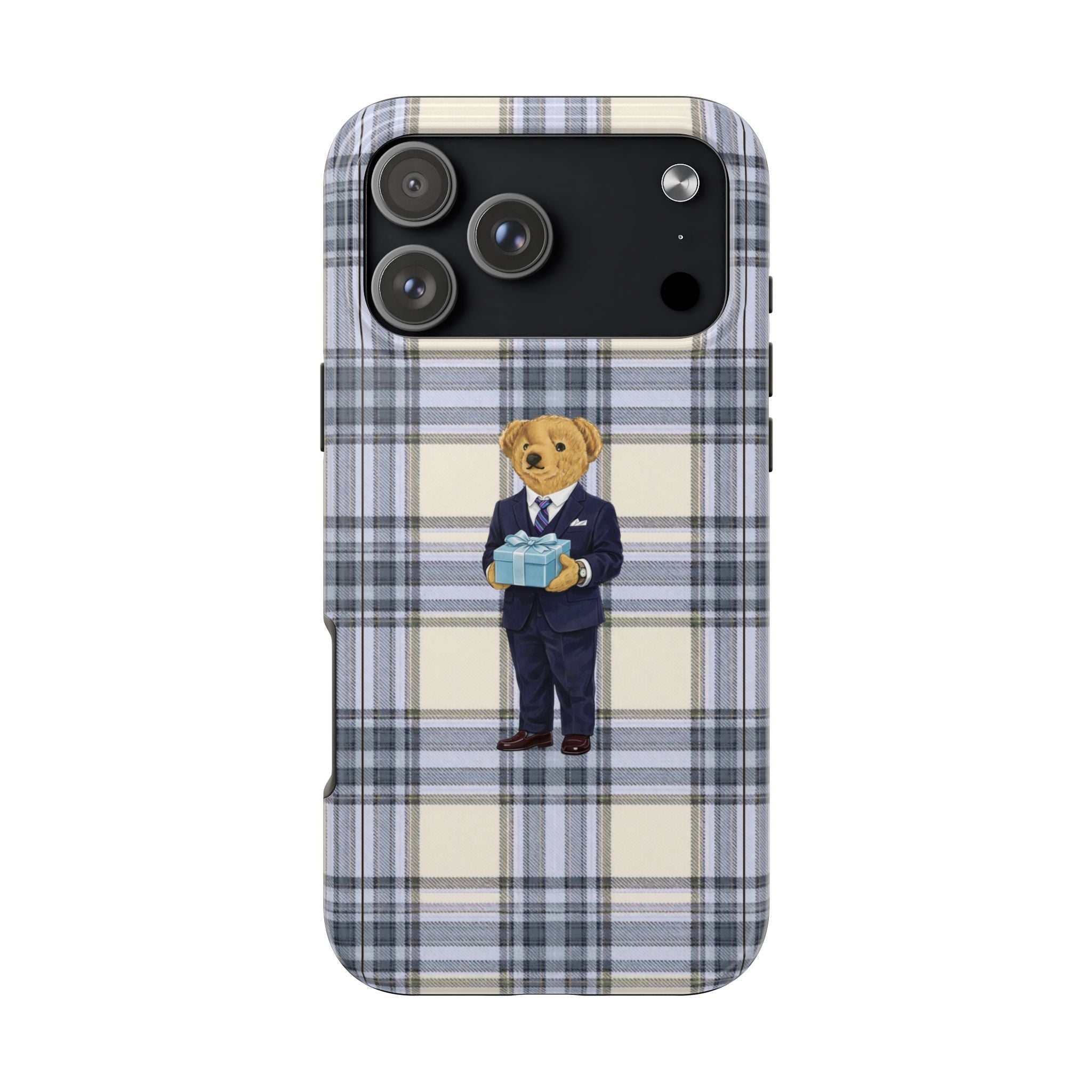 Blue plaid phone case with teddy bear in suit holding a gift, camera cutouts