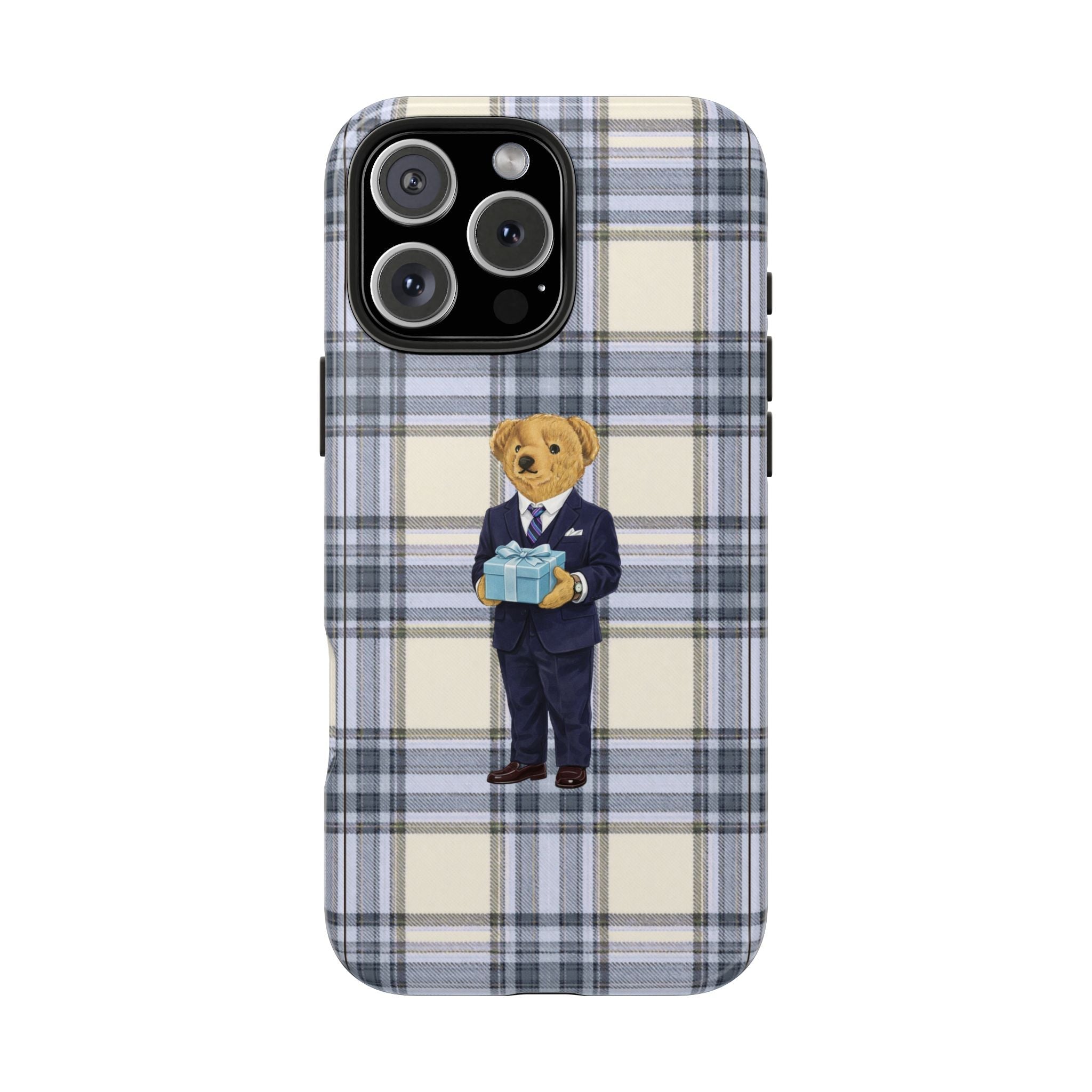 Blue plaid phone case with teddy bear in suit holding gift centered on back, camera
