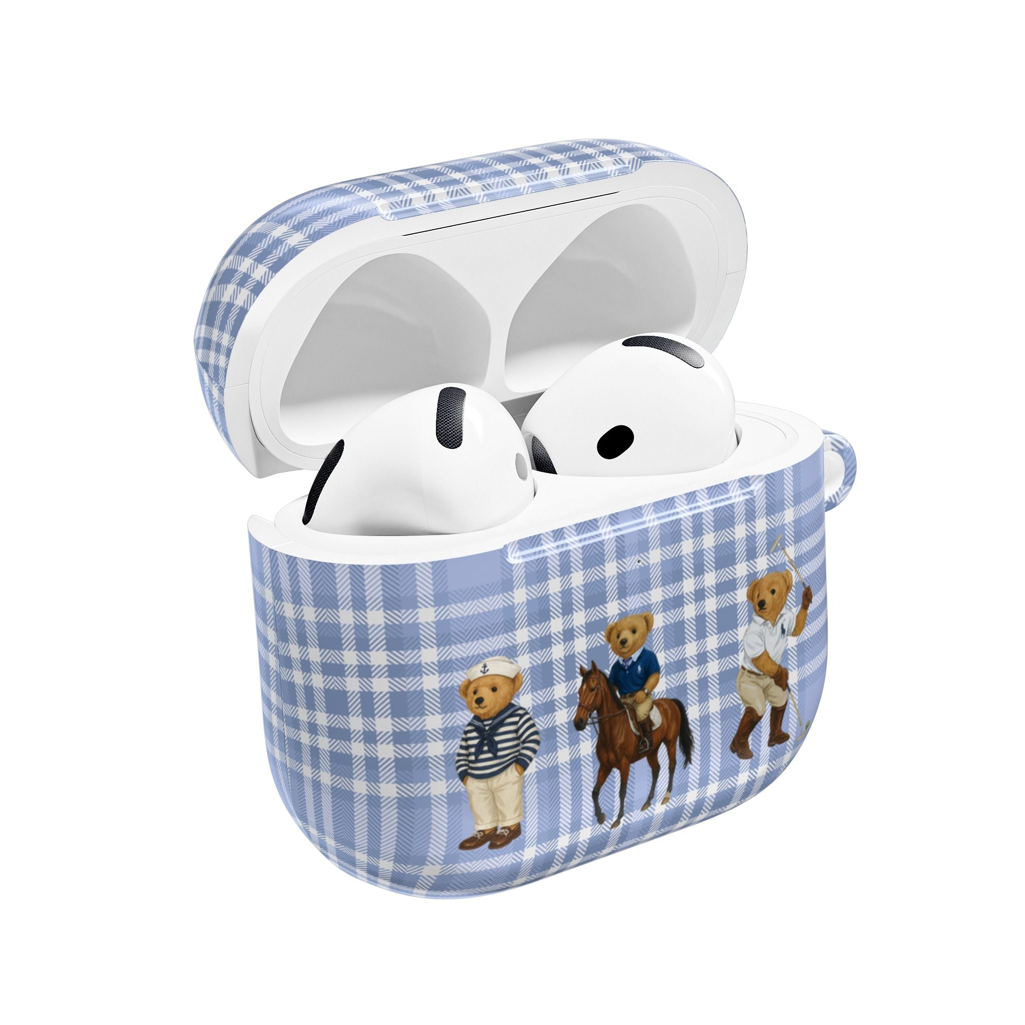 Blue plaid AirPods case with teddy bear characters, open lid showing white earbuds