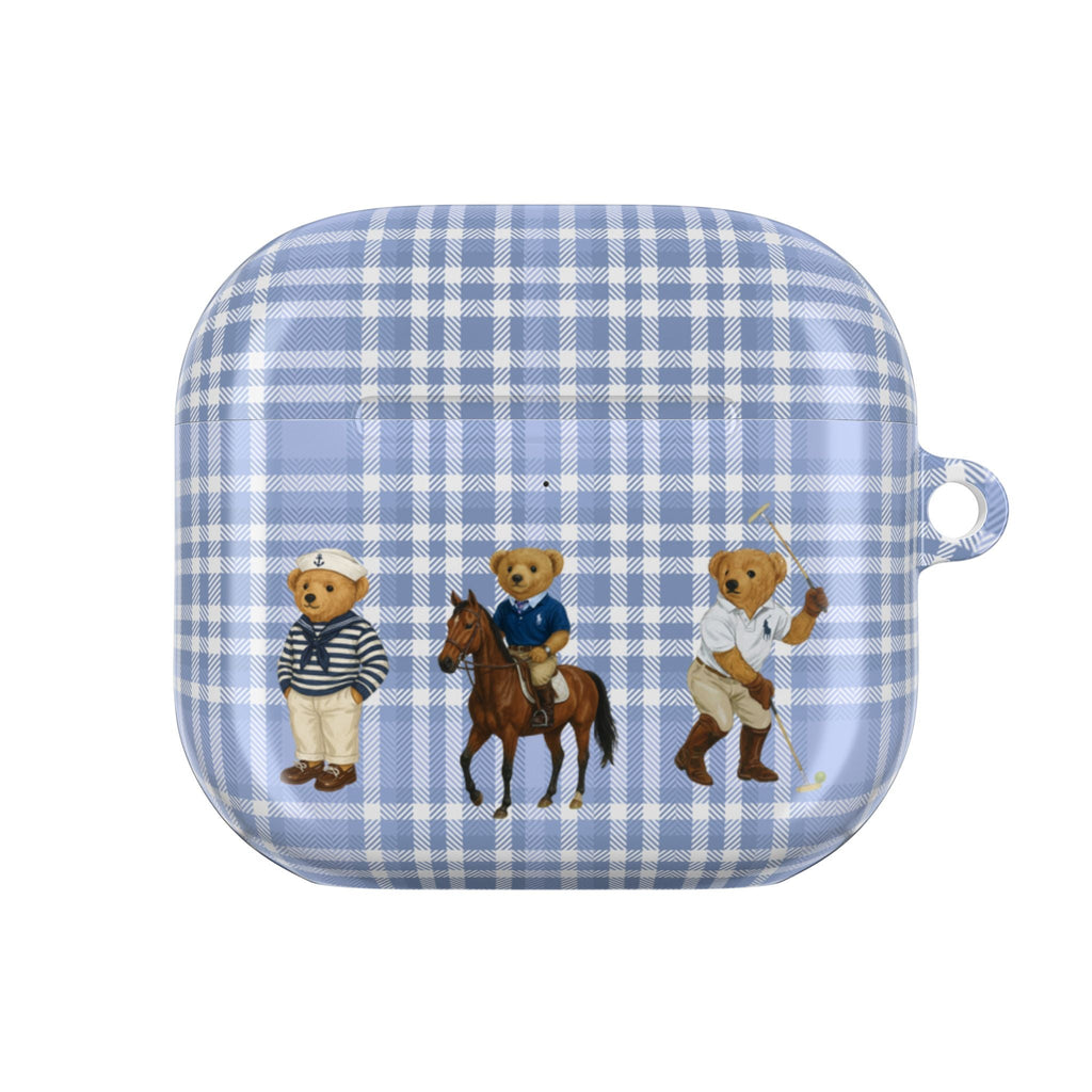Blue plaid AirPods case featuring three teddy bear friends in outfits