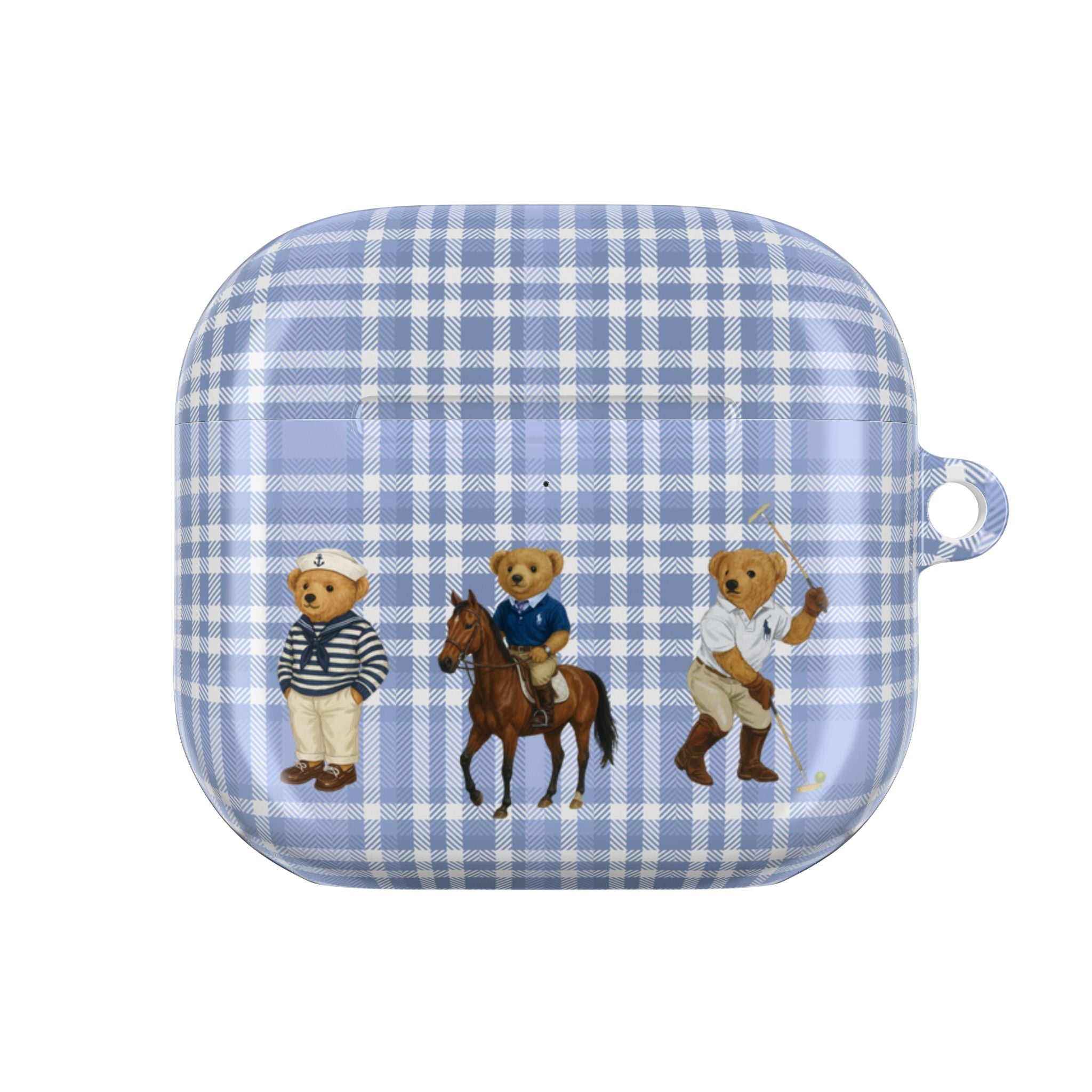 Blue plaid AirPods case featuring three teddy bear friends in outfits