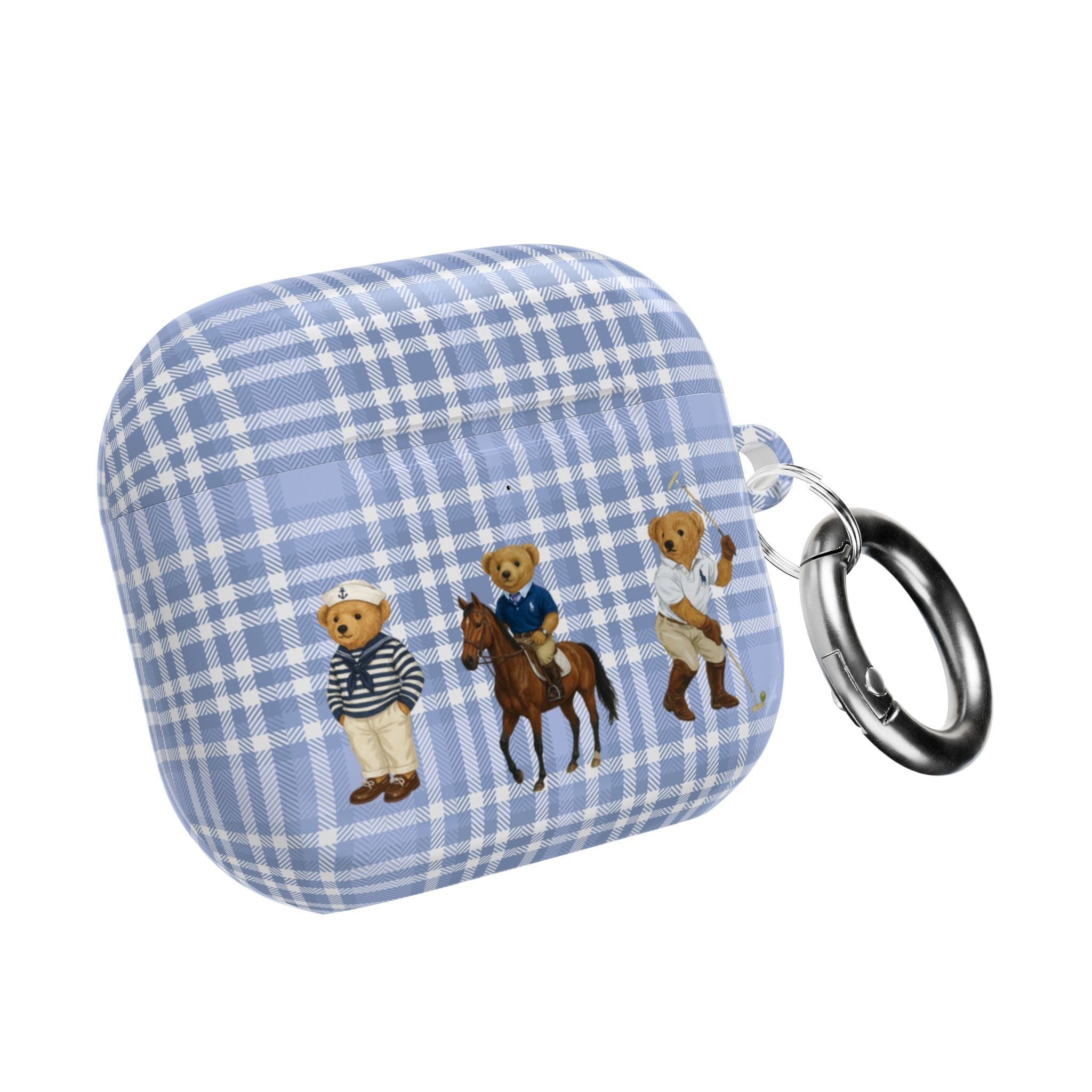 Blue plaid AirPods case with teddy bear riders, metal keyring attached