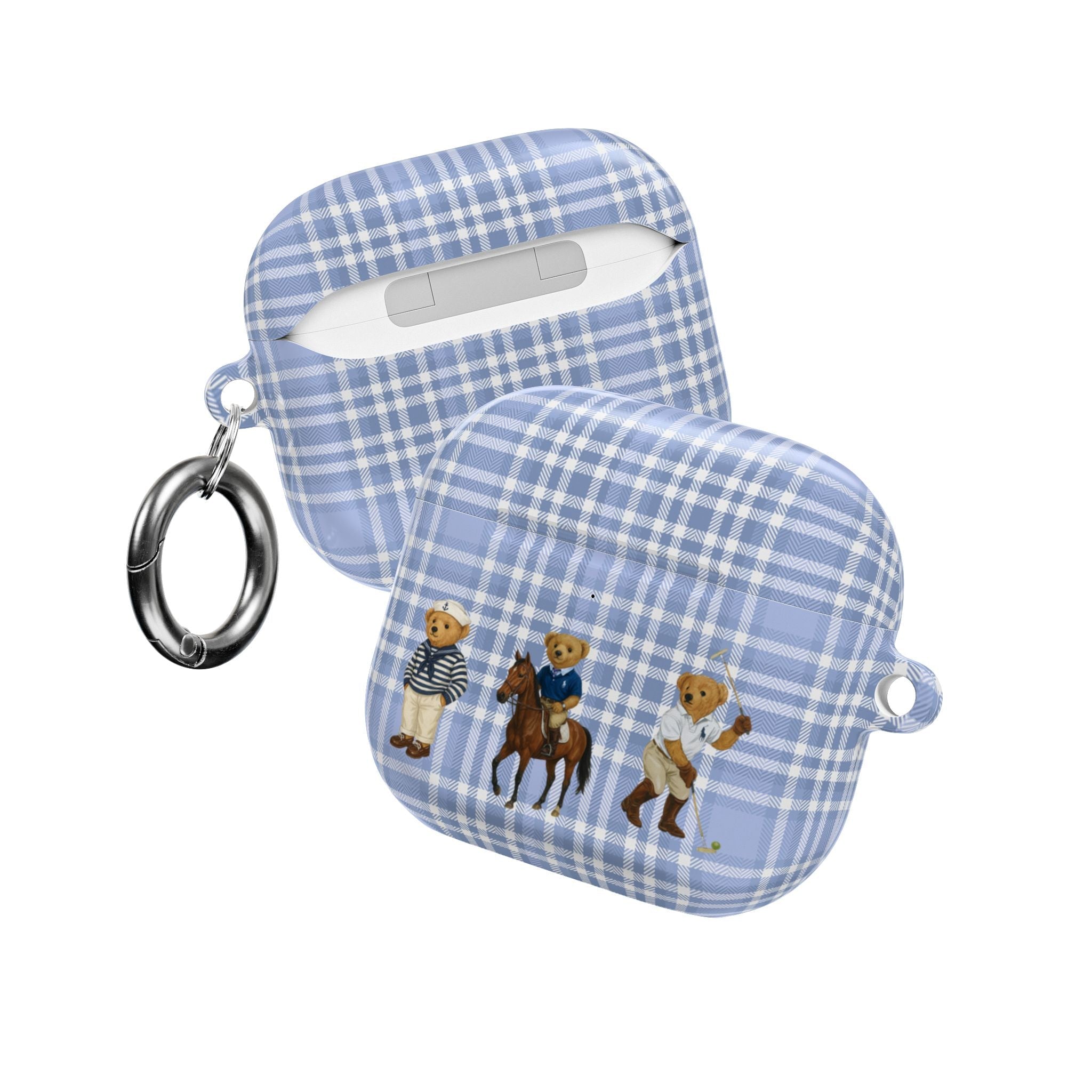 Blue plaid AirPods case with teddy bear riders design, keyring and side loop