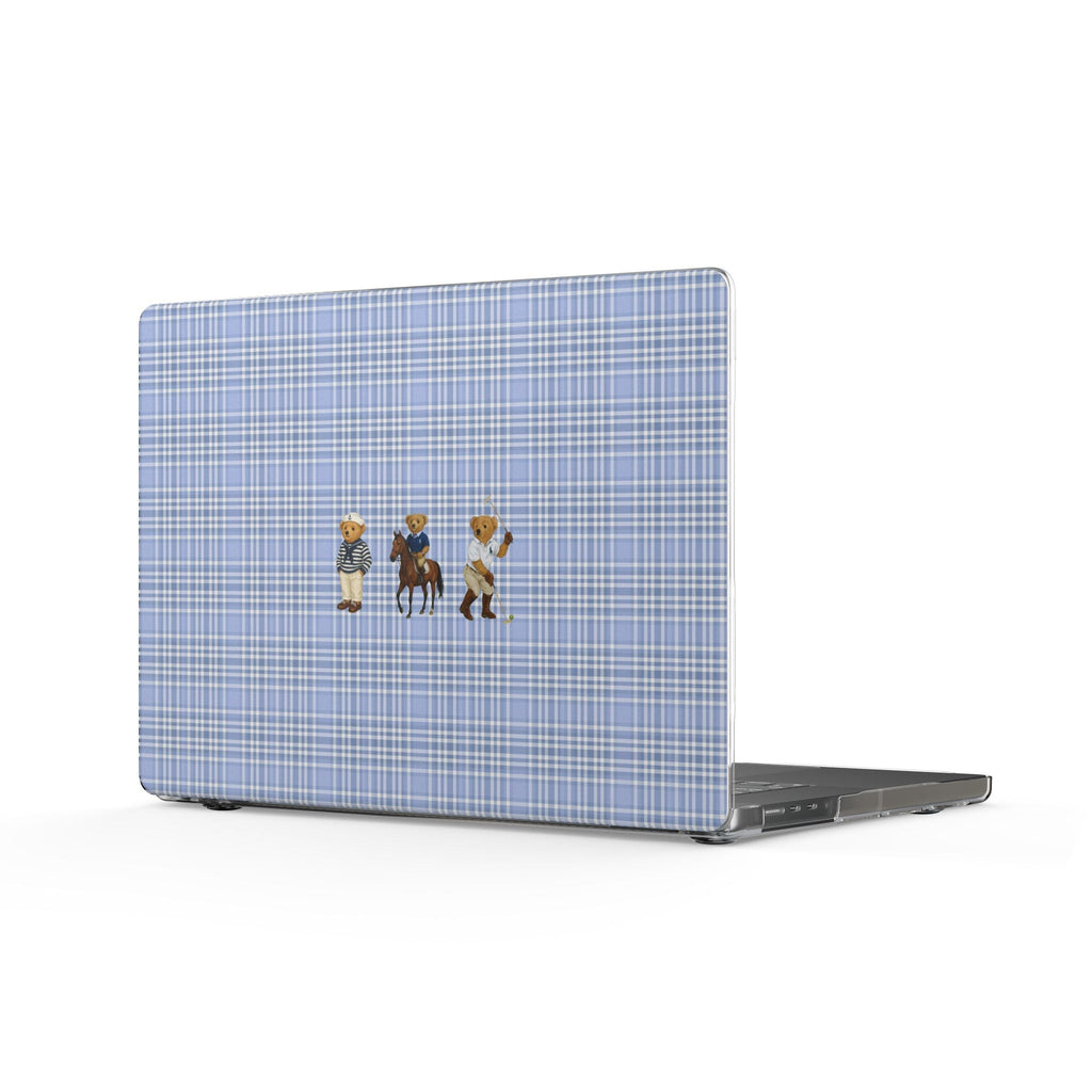 Blue plaid hard shell MacBook cover with three teddy bear figures