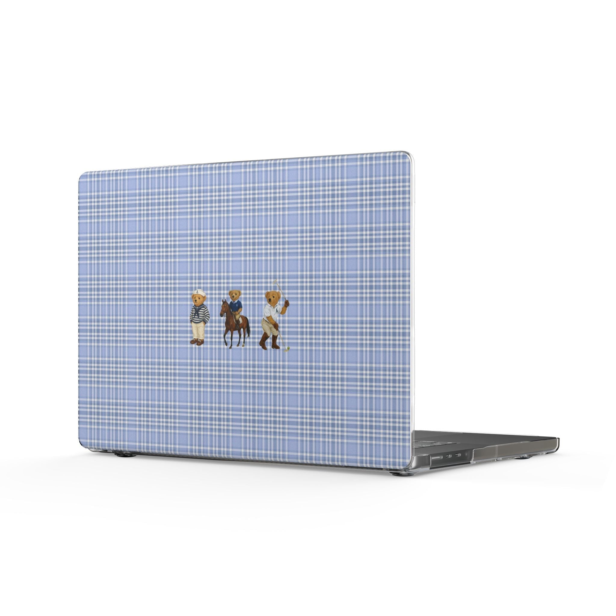 Blue plaid hard shell MacBook cover with three teddy bear figures