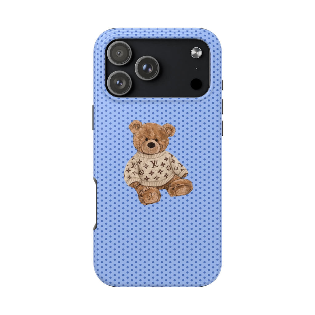 Blue polka-dot phone case, teddy bear sweater graphic centered