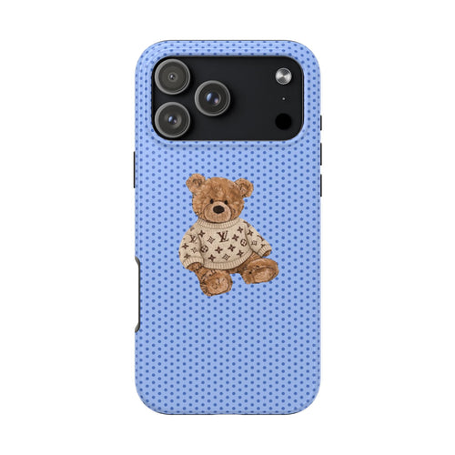 Blue polka-dot phone case, teddy bear sweater graphic centered