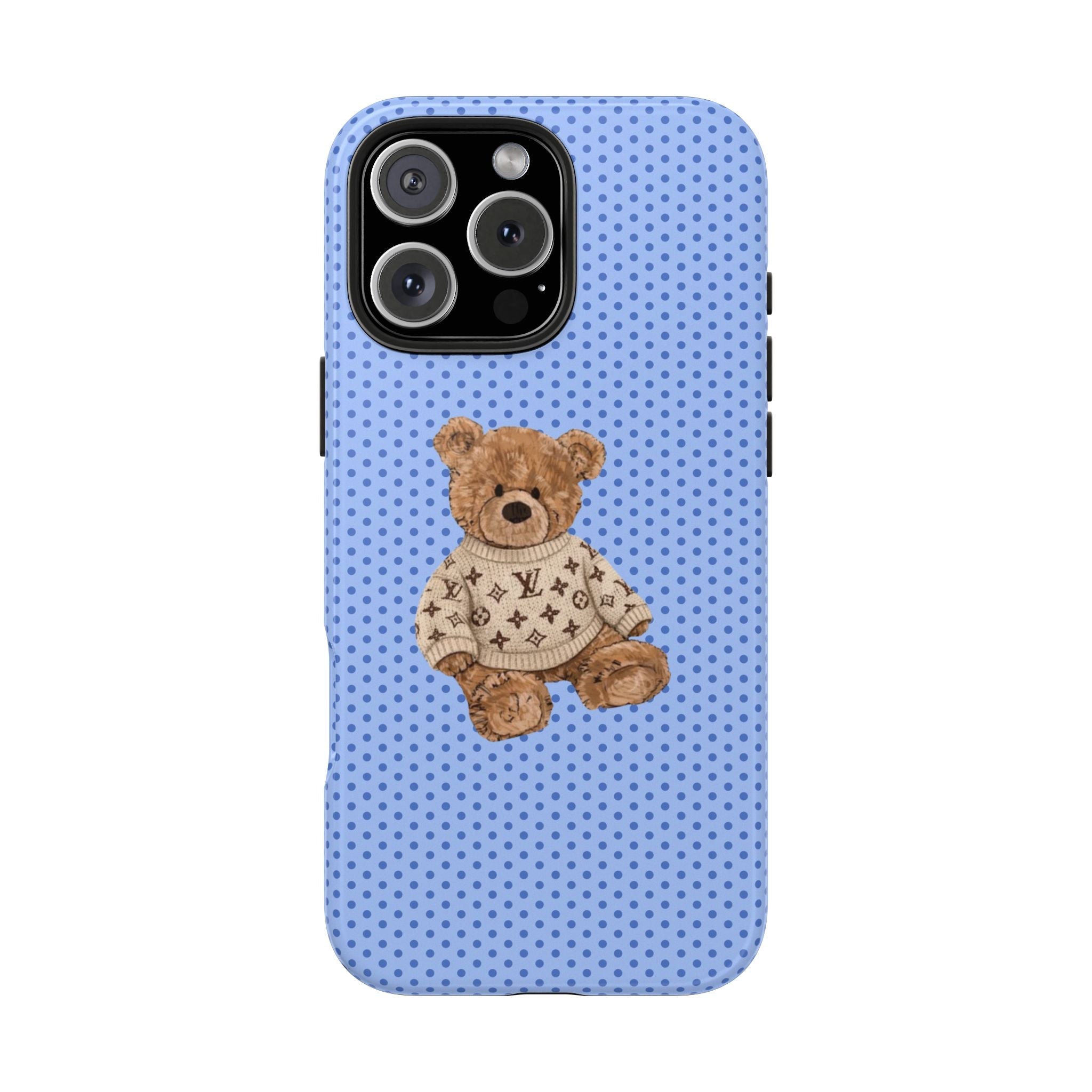 Blue polka-dot phone case with teddy bear in patterned sweater