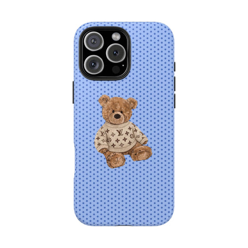 Blue polka-dot phone case with teddy bear in patterned sweater