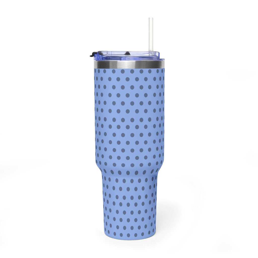 Blue stainless steel tumbler with gray polka dots and clear lid with straw