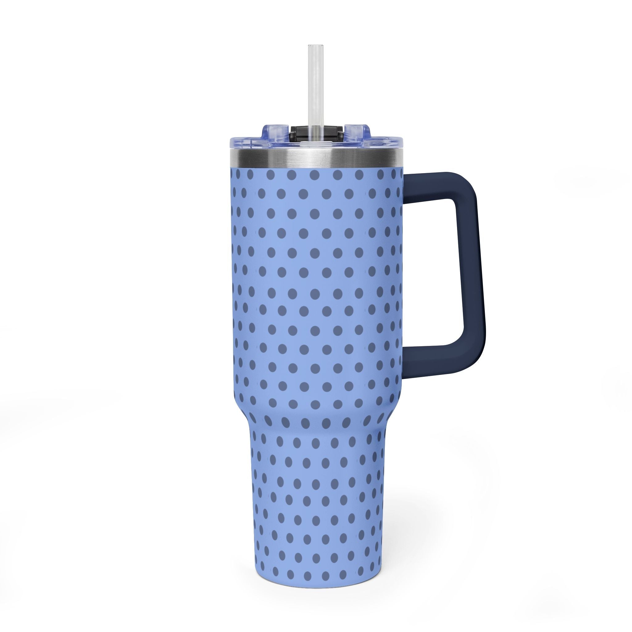 Blue stainless steel tumbler with gray polka dots, clear lid, and dark handle