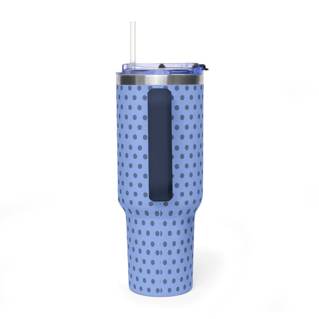 Blue stainless steel tumbler with gray polka dots, clear lid and black grip panel