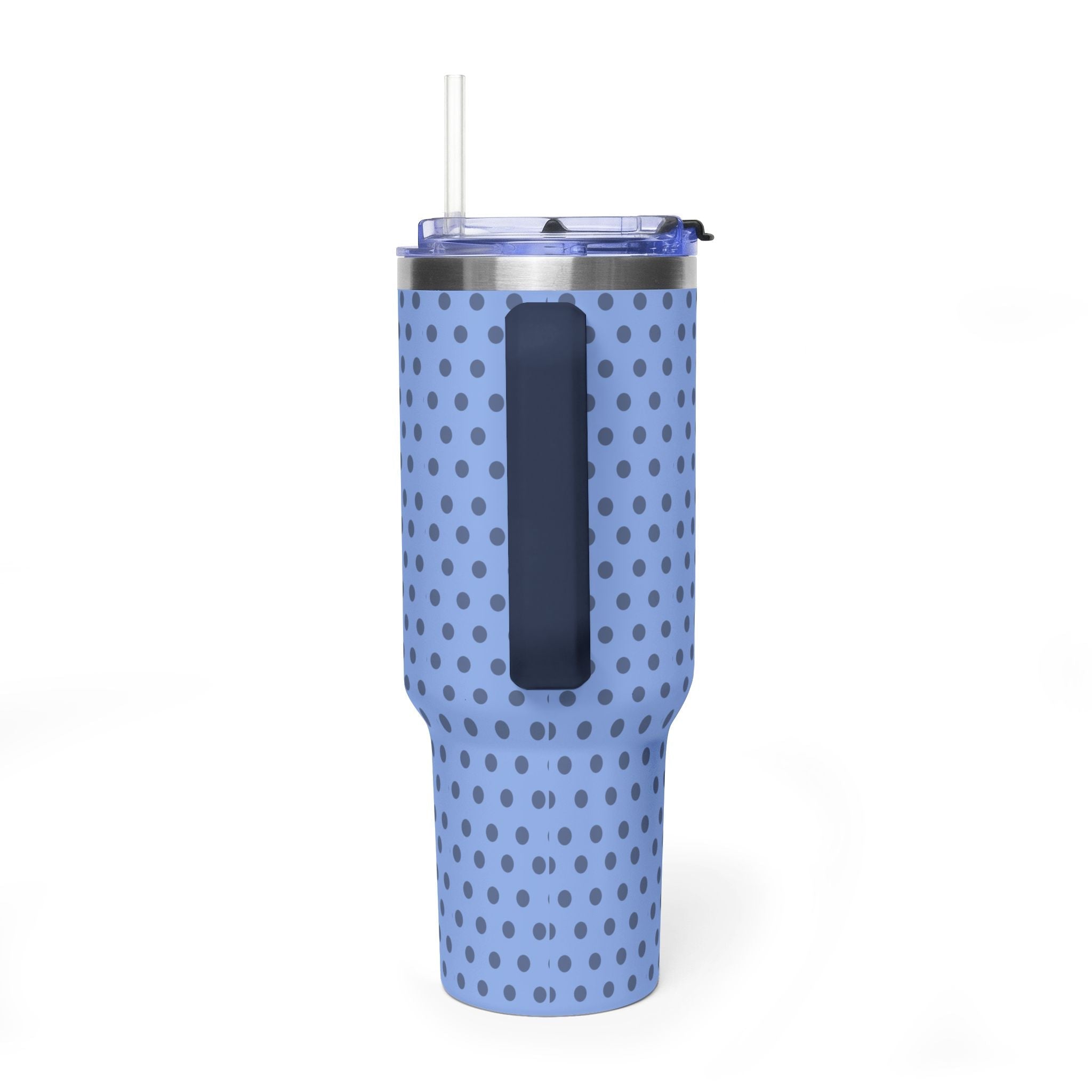 Blue stainless steel tumbler with gray polka dots, clear lid and black grip panel