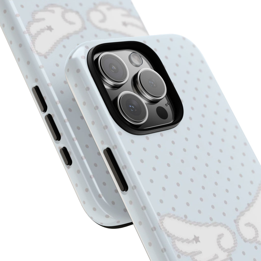 Angle view of light blue polka dot phone case with angel wings, triple lens camera cutout