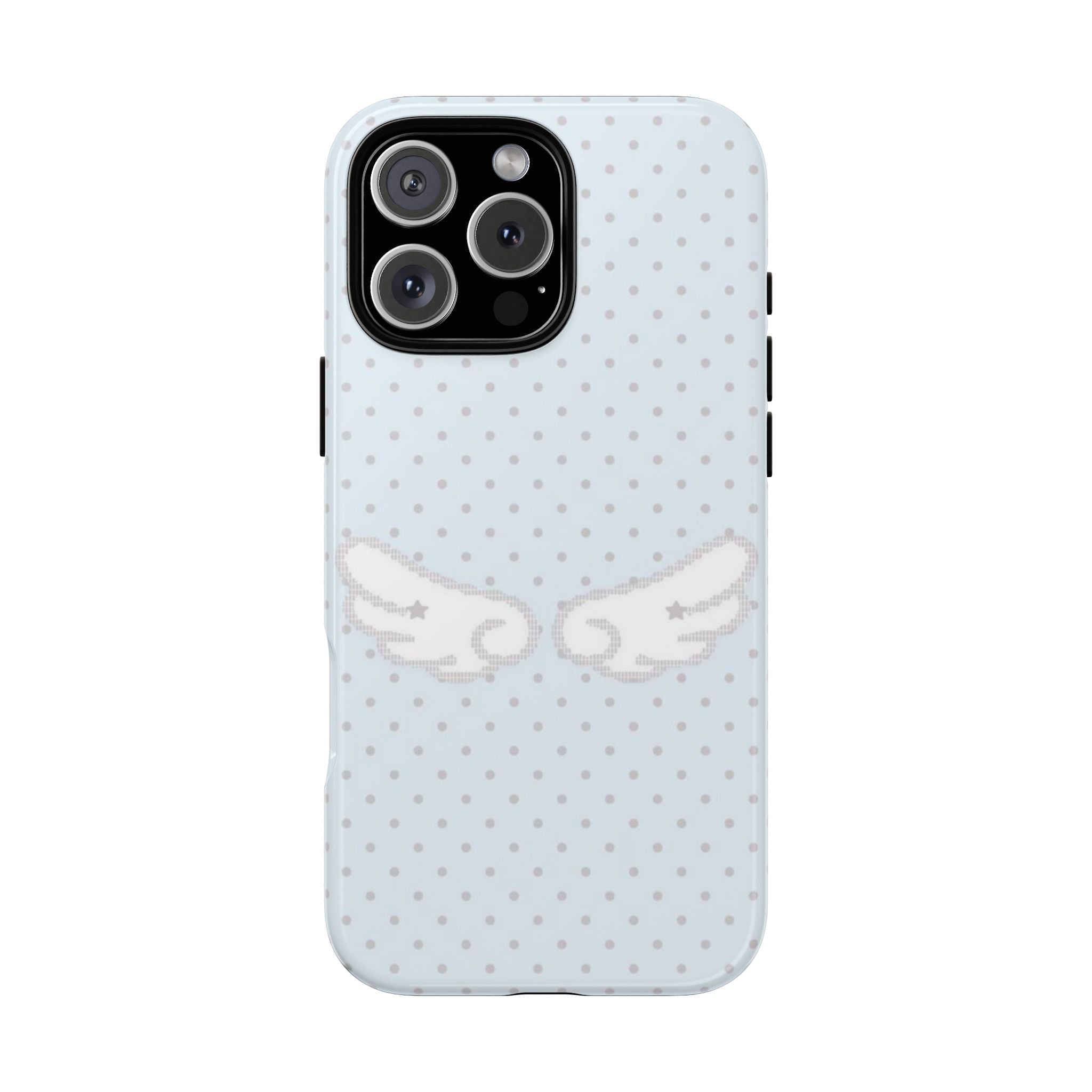 Light blue polka dot phone case with angel wings graphic, cutouts for triple cameras