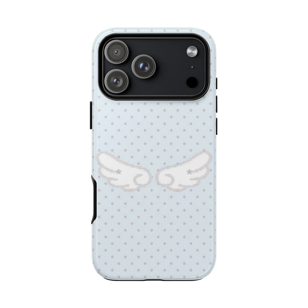 Light blue polka dot phone case with angel wings, camera window and side cutouts