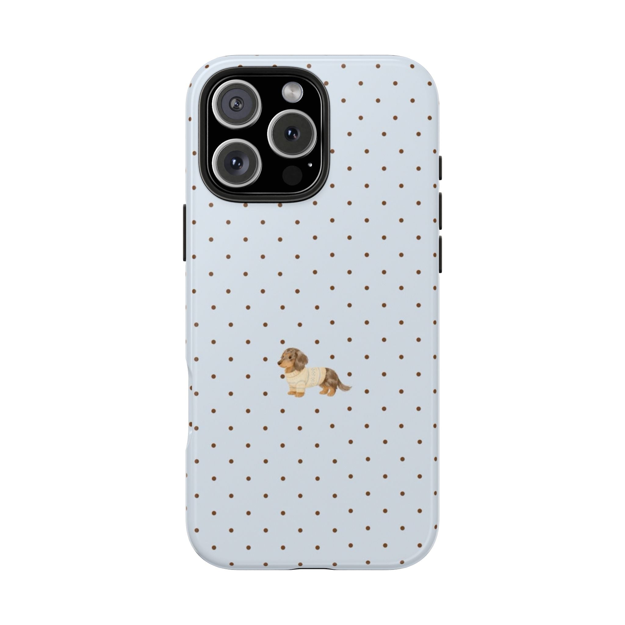 Light blue phone case with brown polka dots and dachshund puppy design
