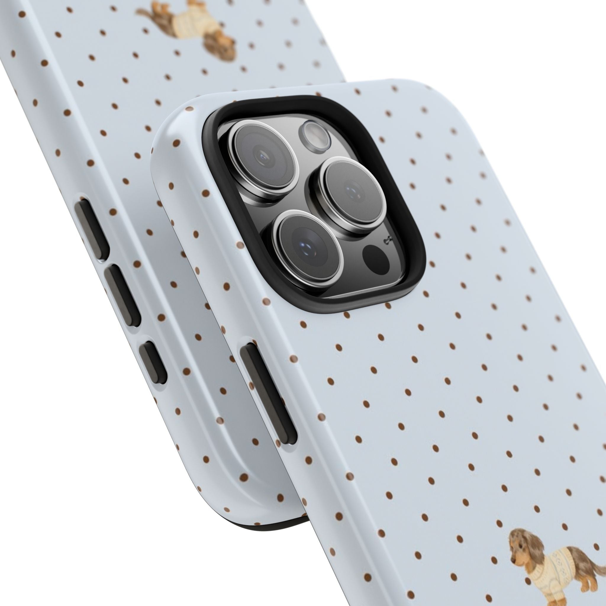 Light blue dachshund puppy phone case with brown polka dots; angled view of camera cutouts