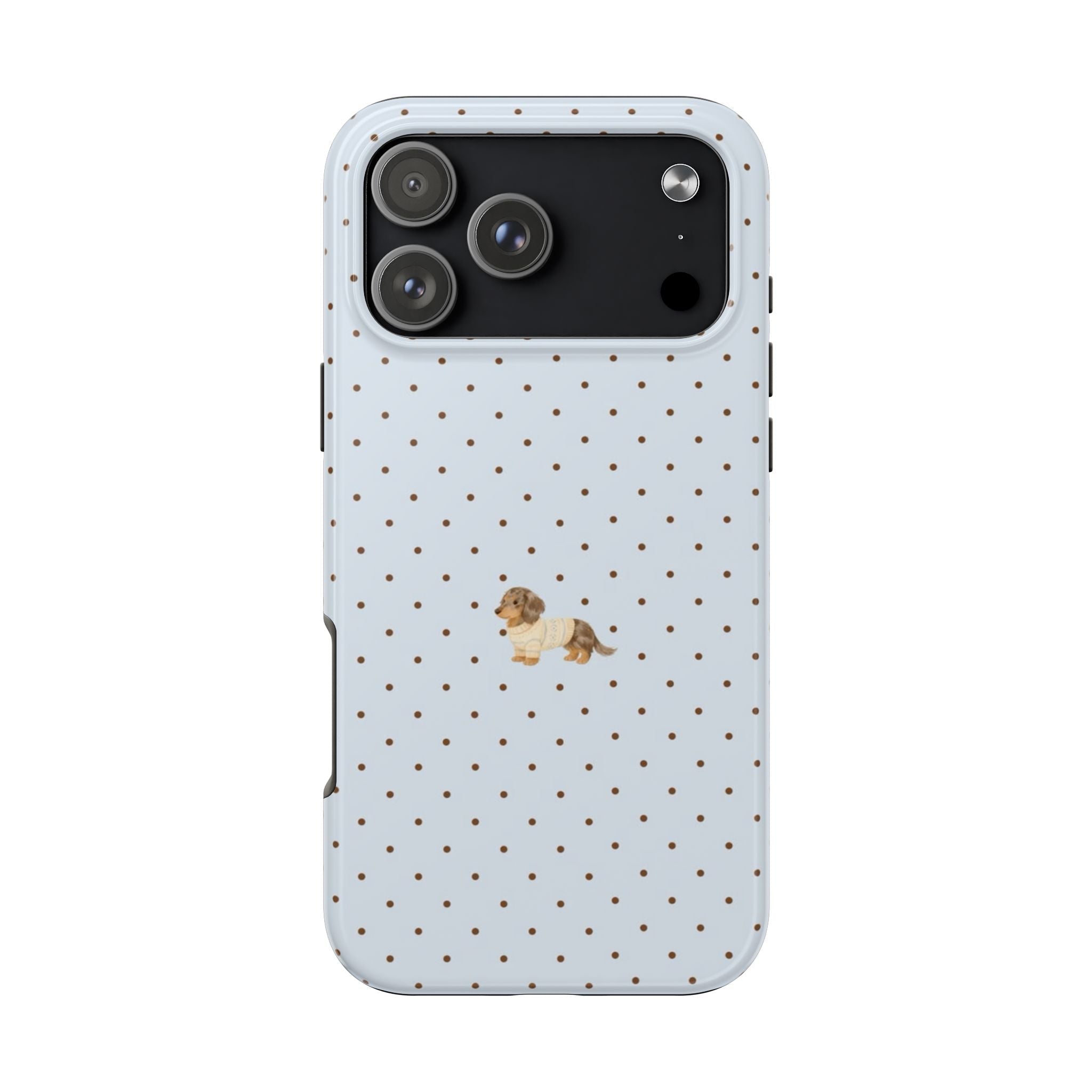 Two-tone phone case with dark camera panel, light blue polka dots, and dachshund puppy