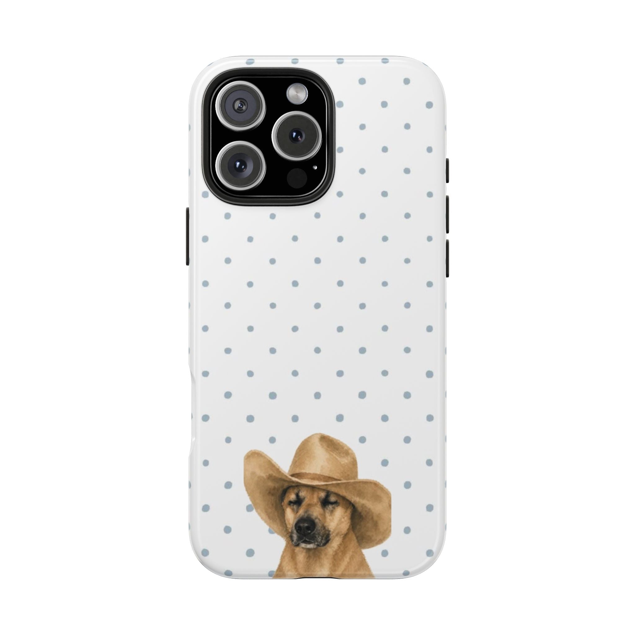 White phone case with blue polka dots and cowboy golden retriever dog graphic