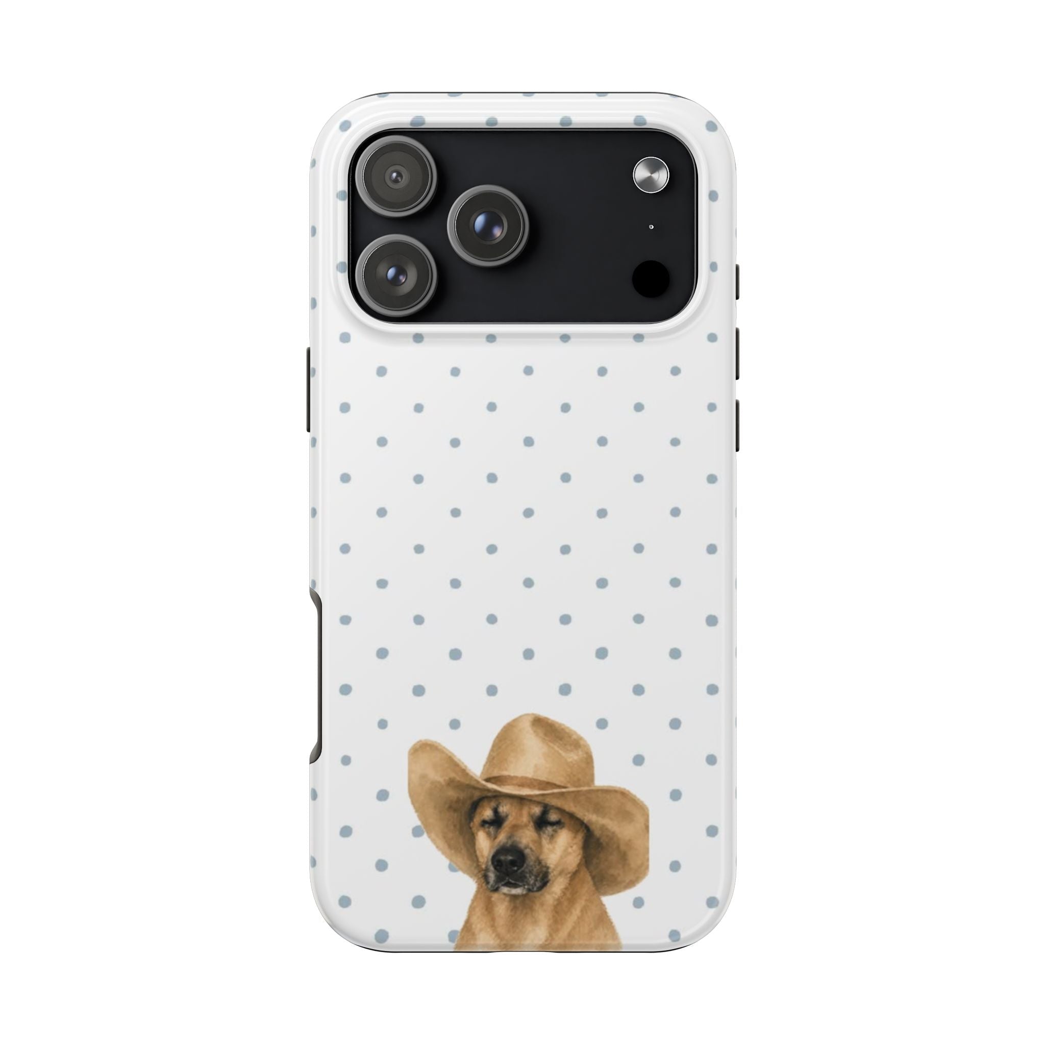 Back view phone case with blue polka dots and cowboy golden retriever dog illustration