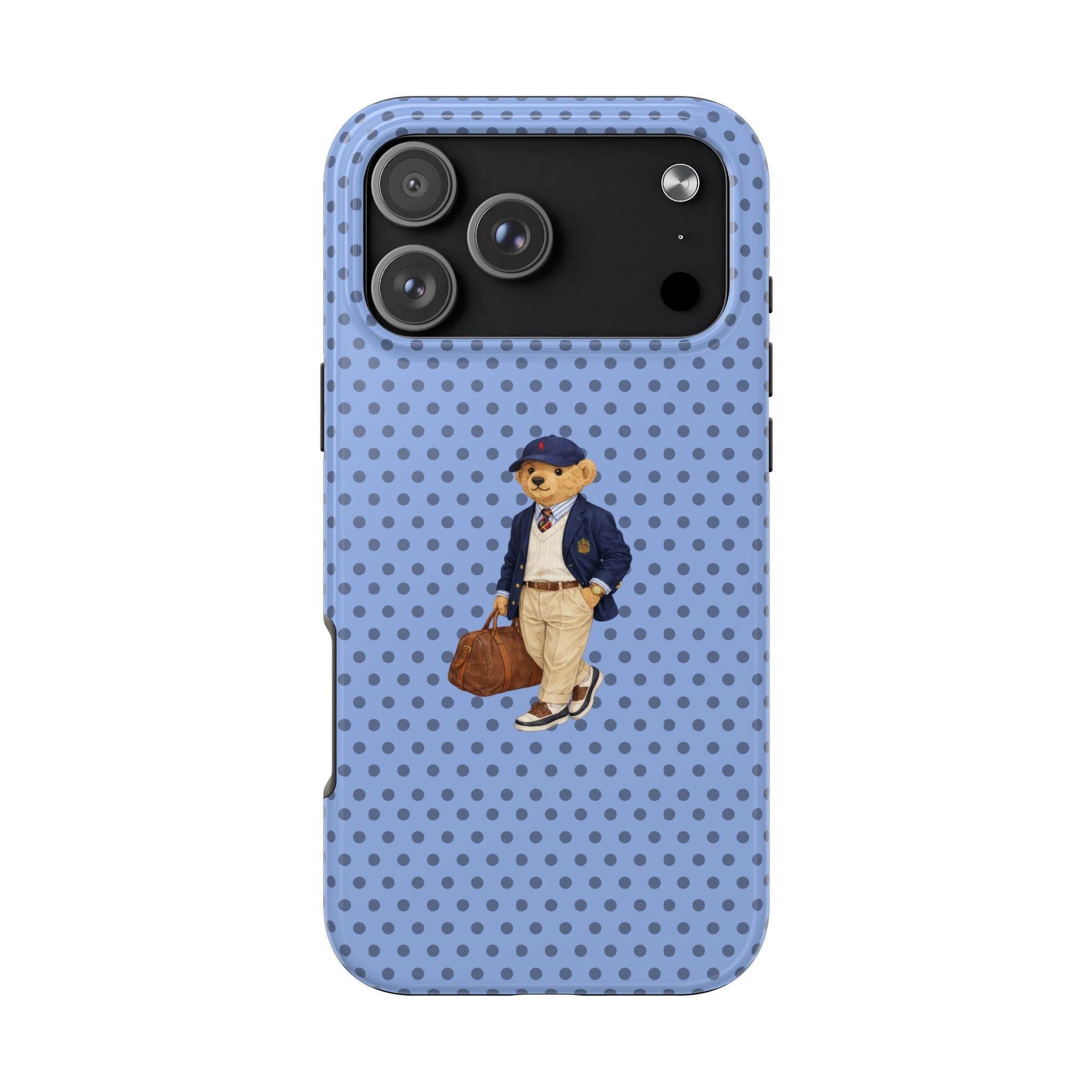 Blue polka dot phone case with teddy bear character in navy and beige outfit